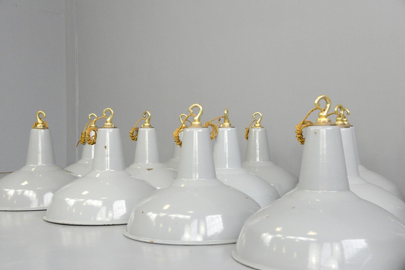 Industrial Large Grey Enamel Factory Lights by Benjamin, circa 1950s