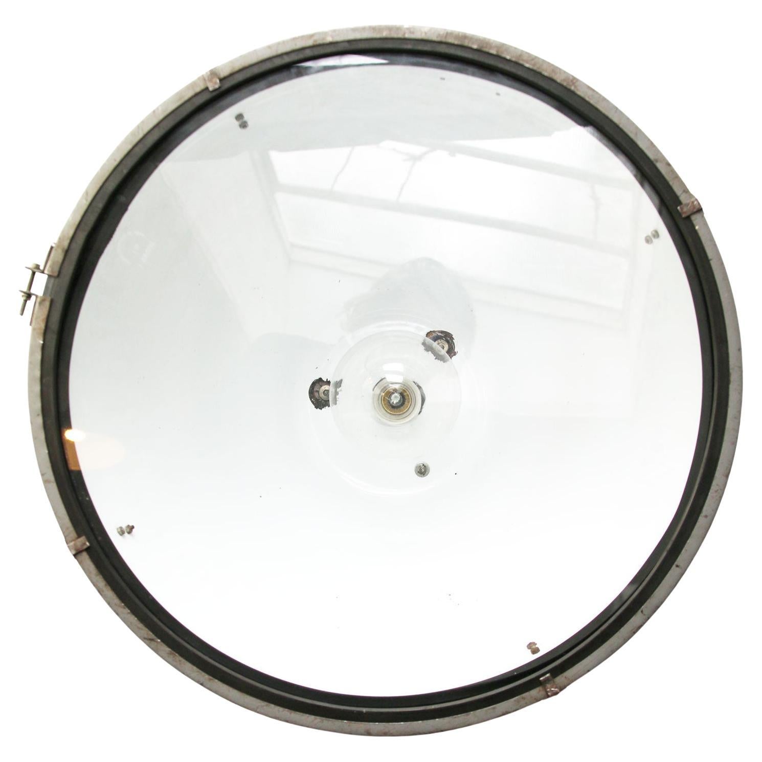 Czech Large Grey Enamel Vintage Industrial Clear Glass Pendant Lamps For Sale