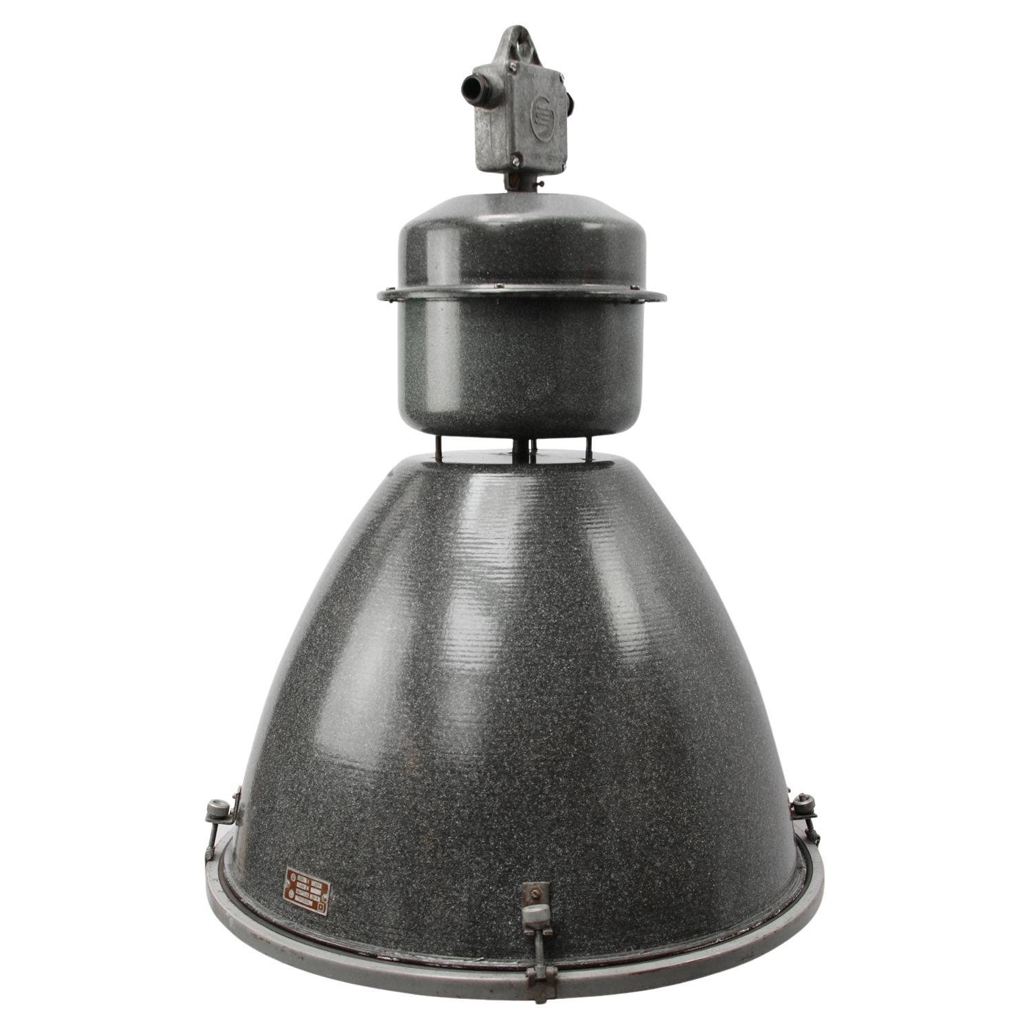 Large Grey Enamel Vintage Industrial Clear Glass Pendant Lamps For Sale