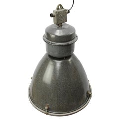 Grande lampada a sospensione industriale in vetro trasparente con smalto grigio vintage