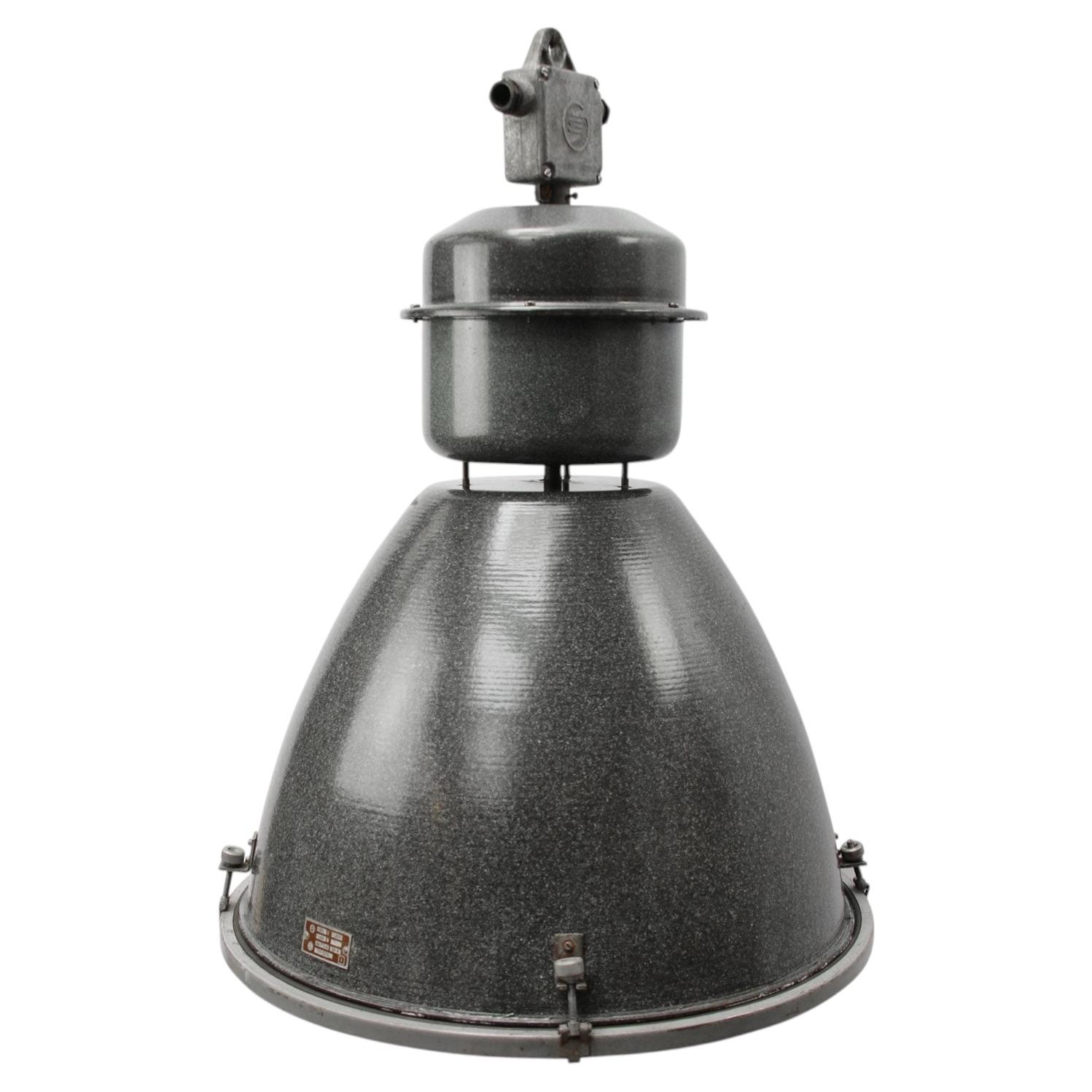 Large Grey Enamel Vintage Industrial Clear Glass Pendant Lamps
