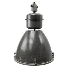Grande lampada a sospensione industriale in vetro trasparente con smalto grigio vintage