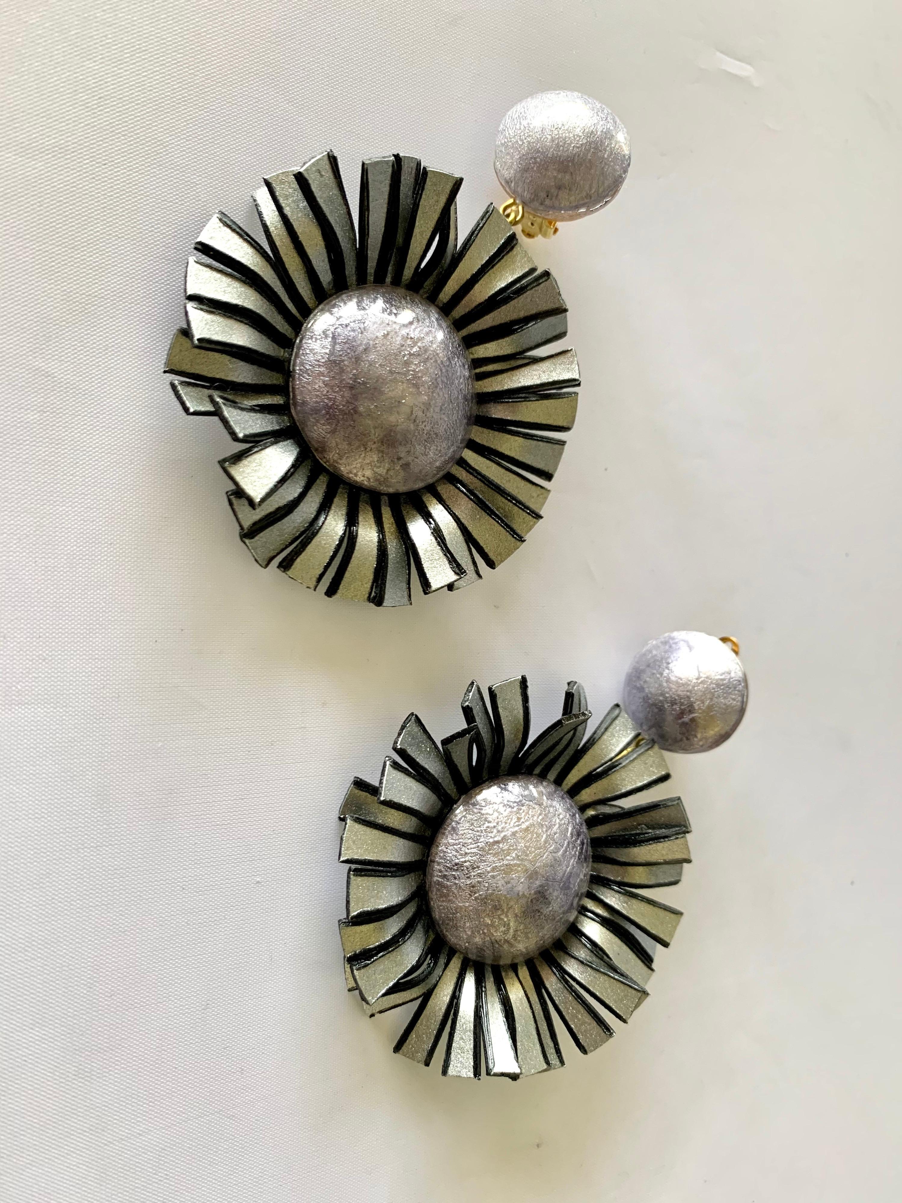 Contemporary Large Grey Flower Statement Earrings 