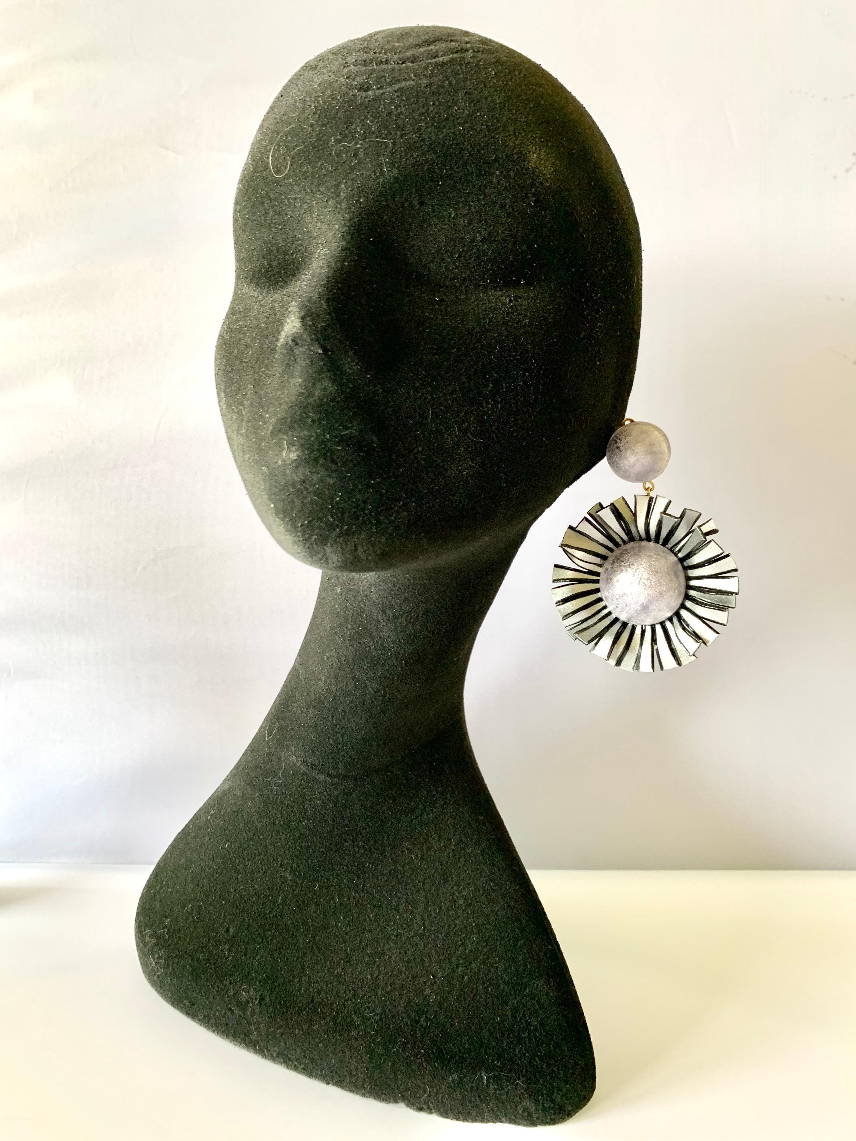 Women's Large Grey Flower Statement Earrings 