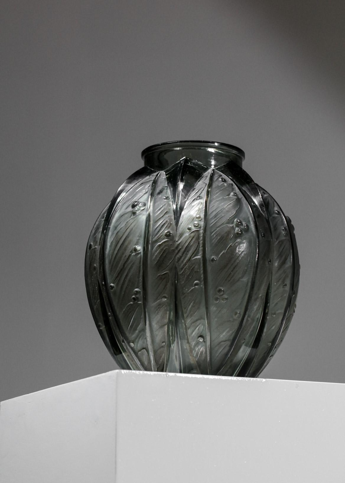 American Large Grey Glass Vase by Verlys from the 1940s