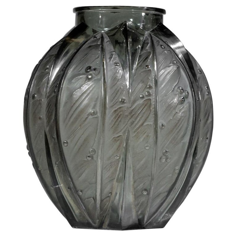 Large Grey Glass Vase by Verlys from the 1940s For Sale