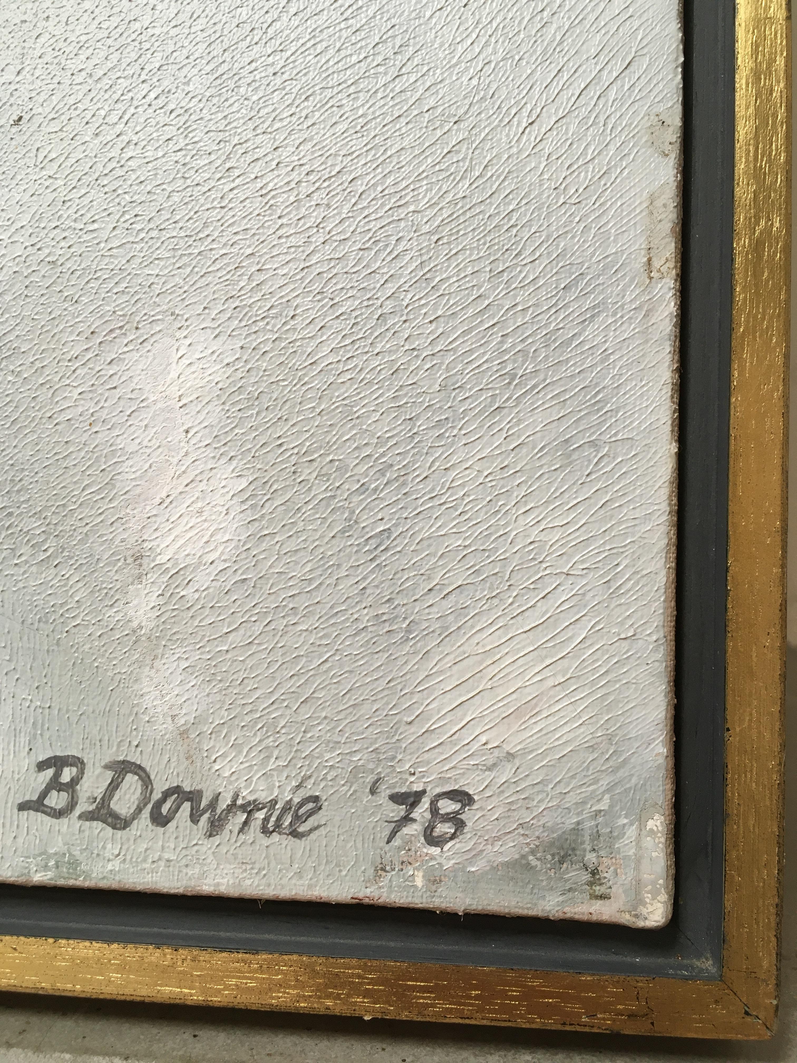 Peint à la main Grande huile sur toile abstraite grise et verte par Beverley Downie, 1978, cadre d'origine en vente