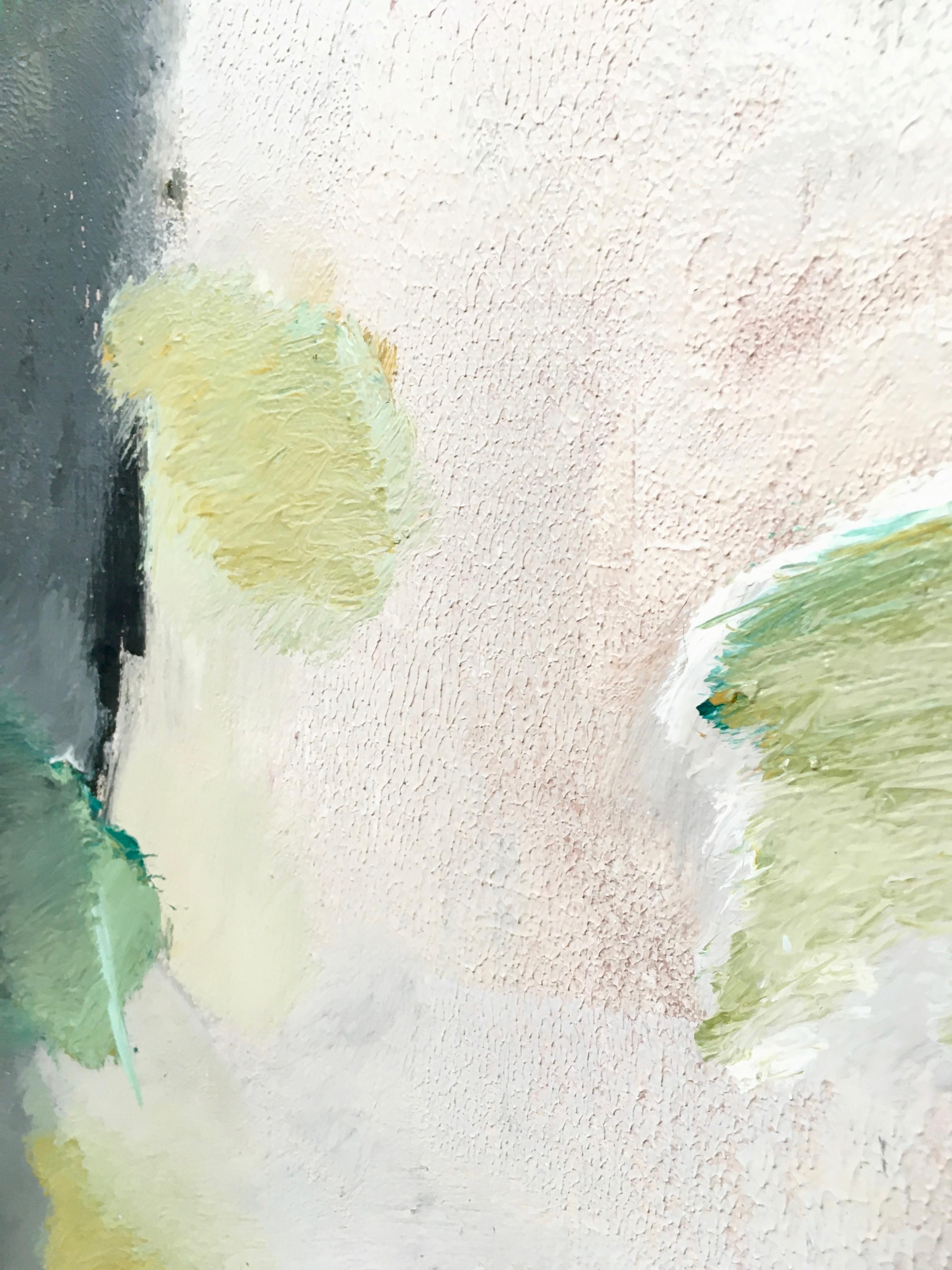 Grande huile sur toile abstraite grise et verte par Beverley Downie, 1978, cadre d'origine en vente 1