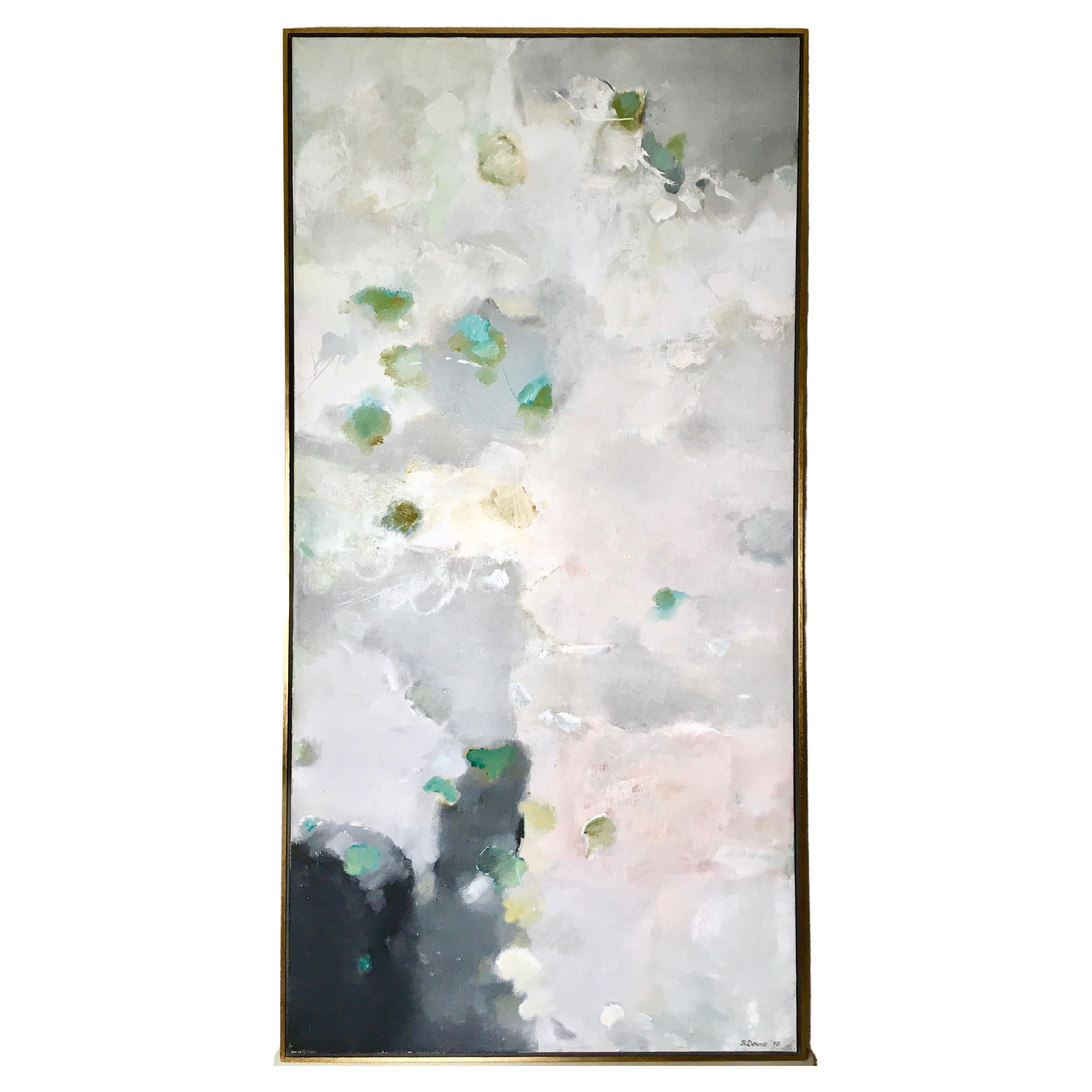 Grande huile sur toile abstraite grise et verte par Beverley Downie, 1978, cadre d'origine