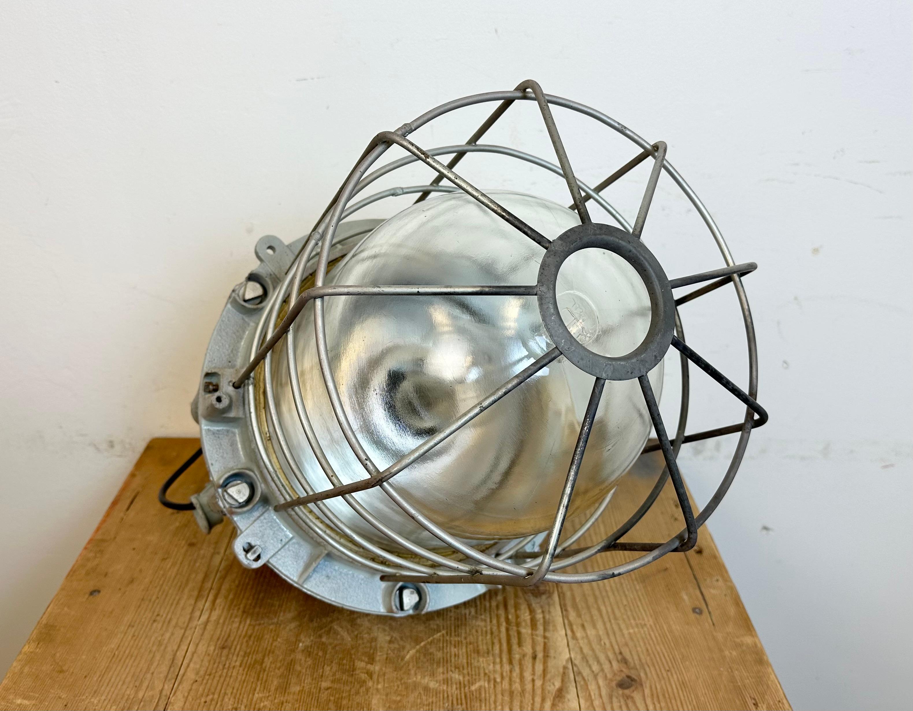 Large Grey Industrial Bunker  Light with Iron Cage from Elektrosvit, 1970s For Sale 11