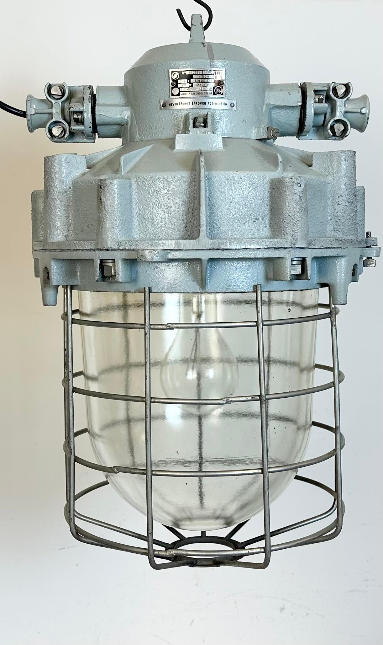 Czech Large Grey Industrial Bunker  Light with Iron Cage from Elektrosvit, 1970s For Sale