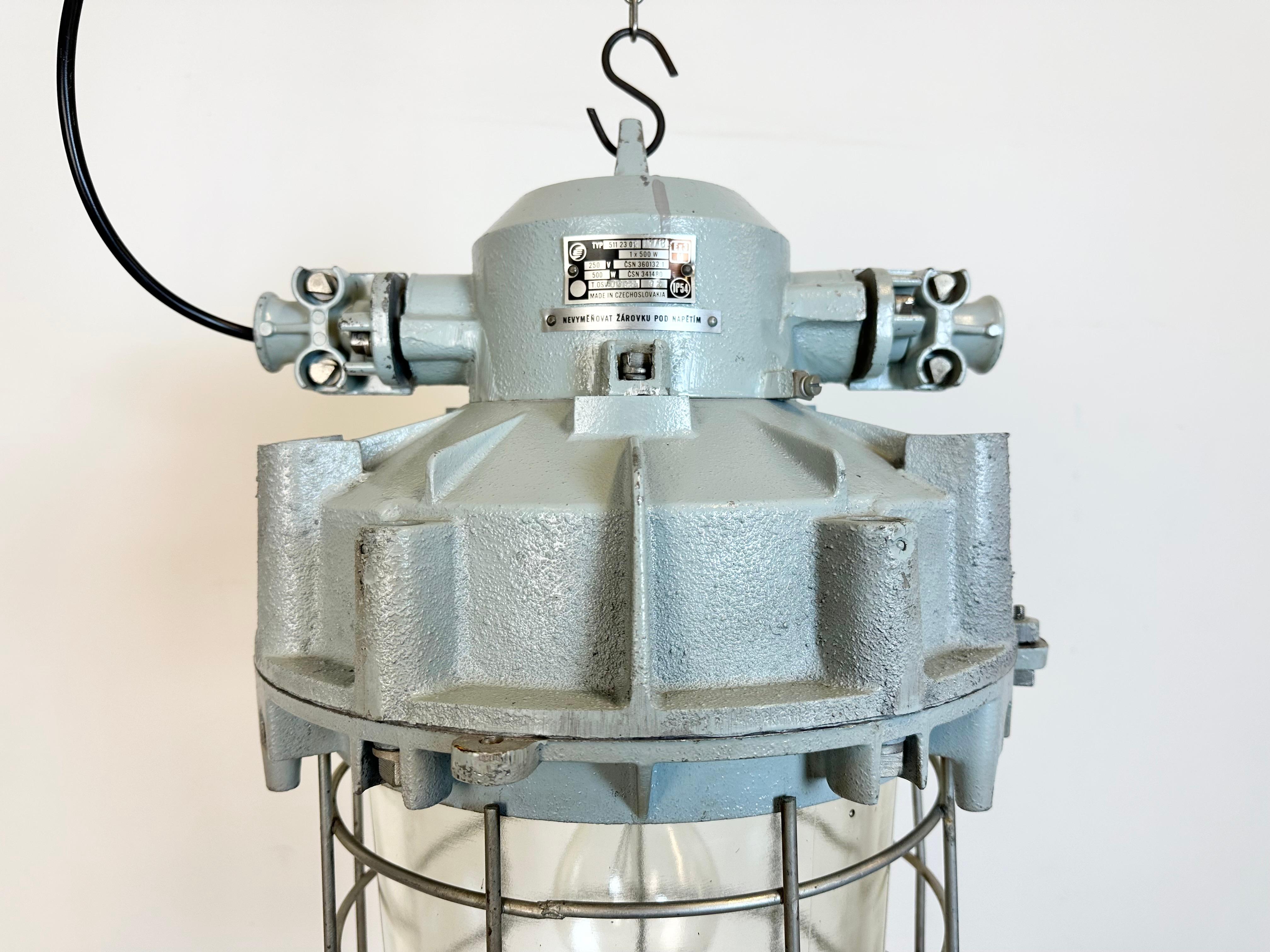 Cast Large Grey Industrial Bunker  Light with Iron Cage from Elektrosvit, 1970s For Sale