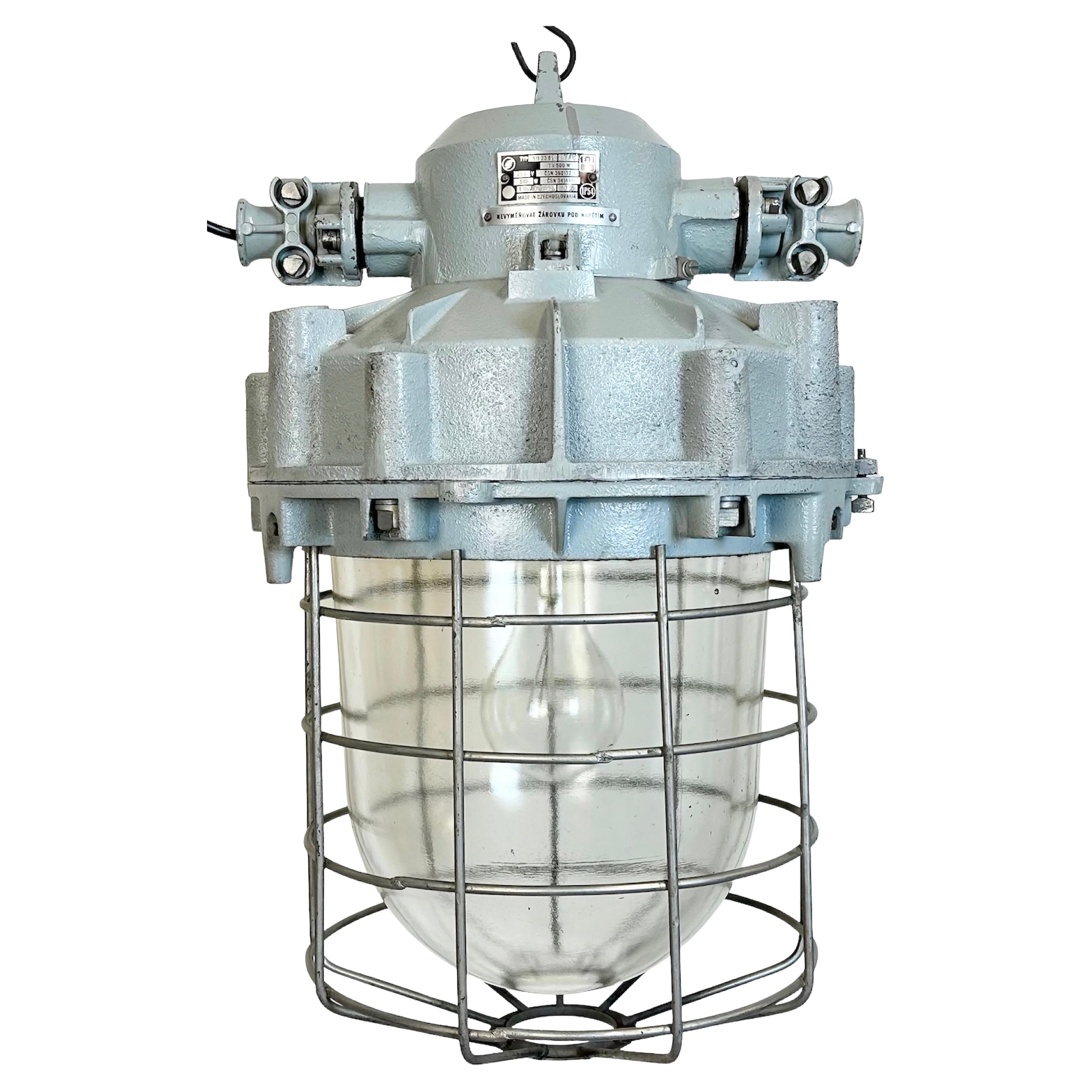 Large Grey Industrial Bunker  Light with Iron Cage from Elektrosvit, 1970s For Sale