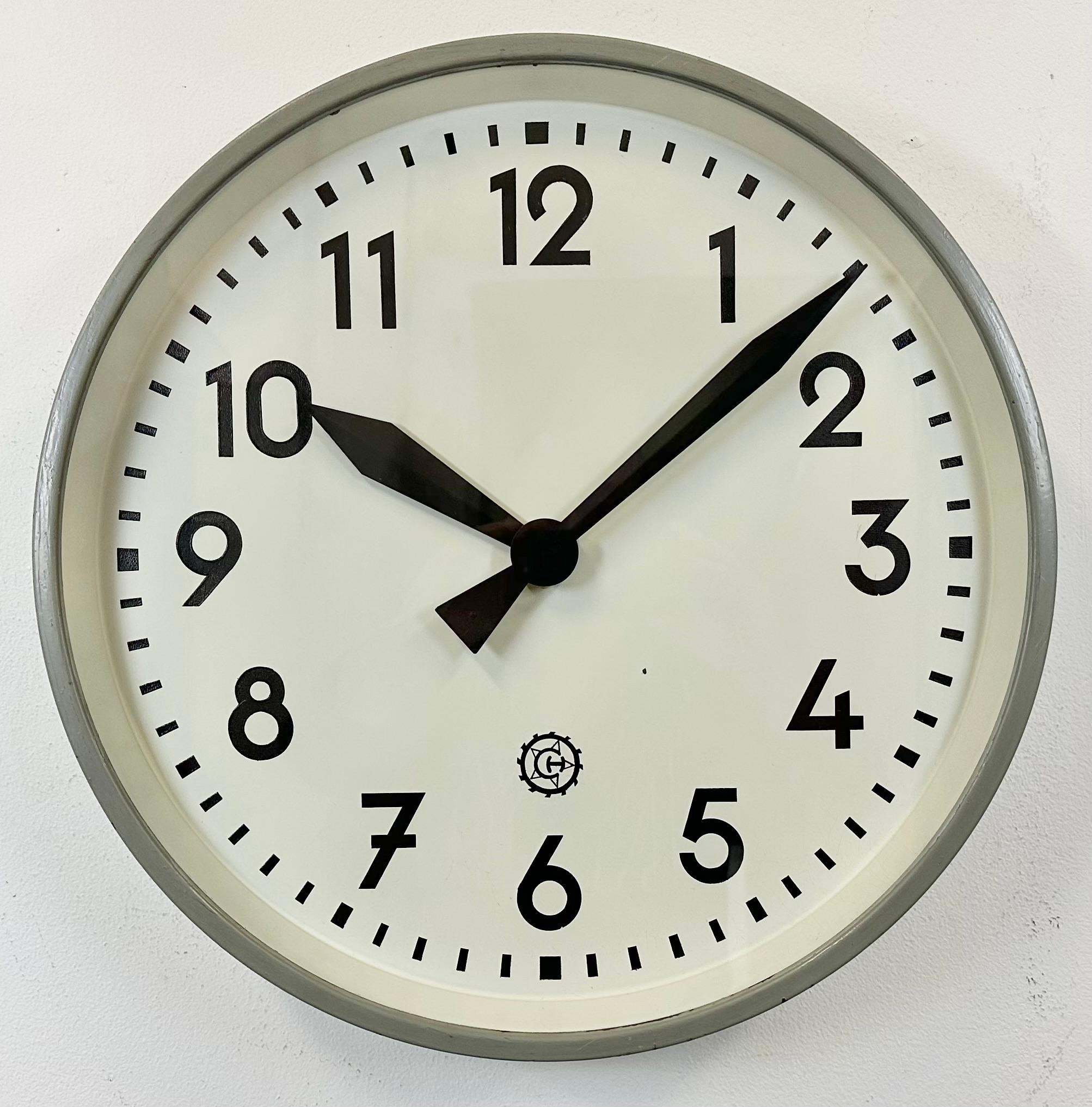 Czech Large Grey Industrial Factory Wall Clock from Chronotechna, 1950s