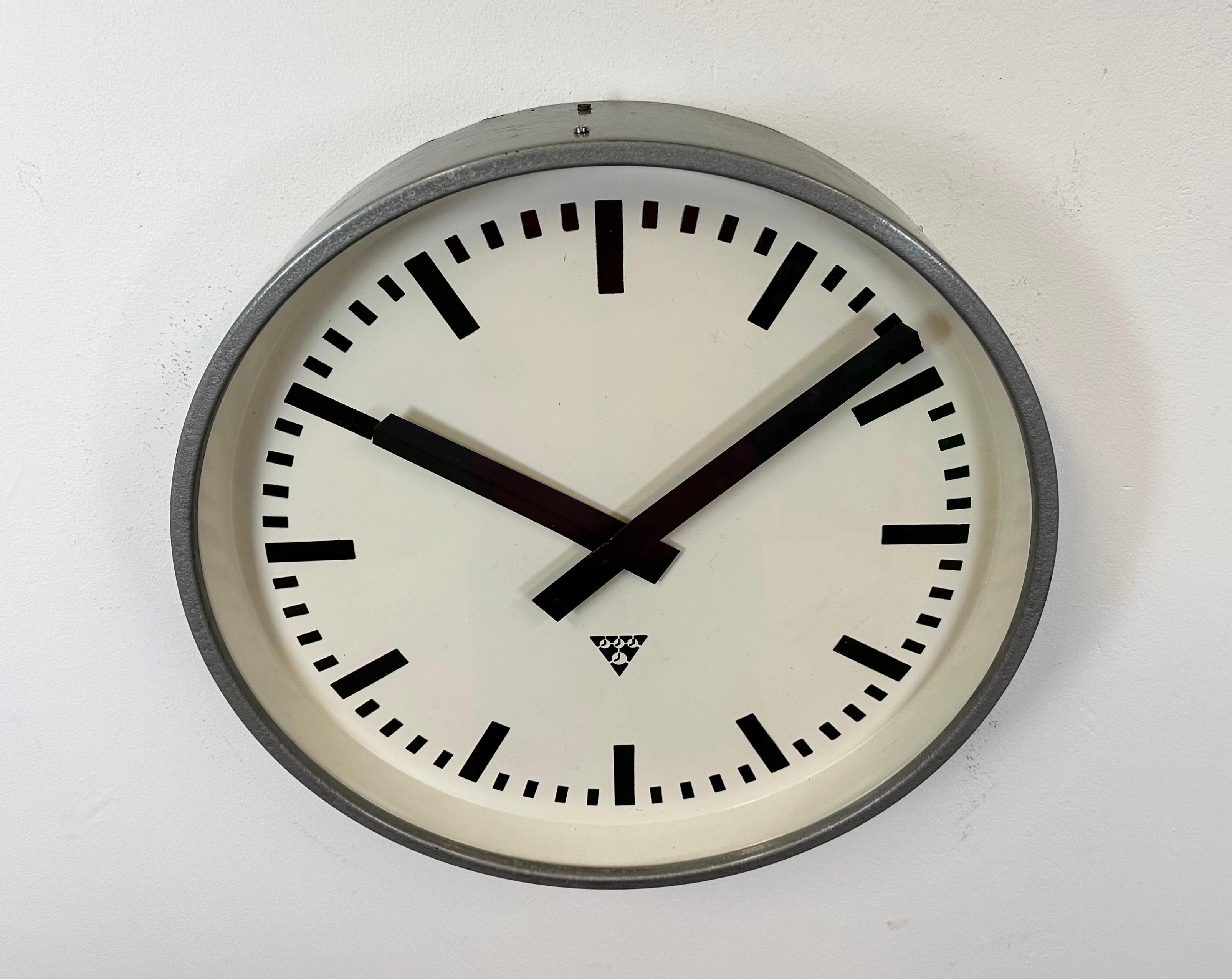 Czech Large Grey Industrial Factory Wall Clock from Pragotron, 1960s