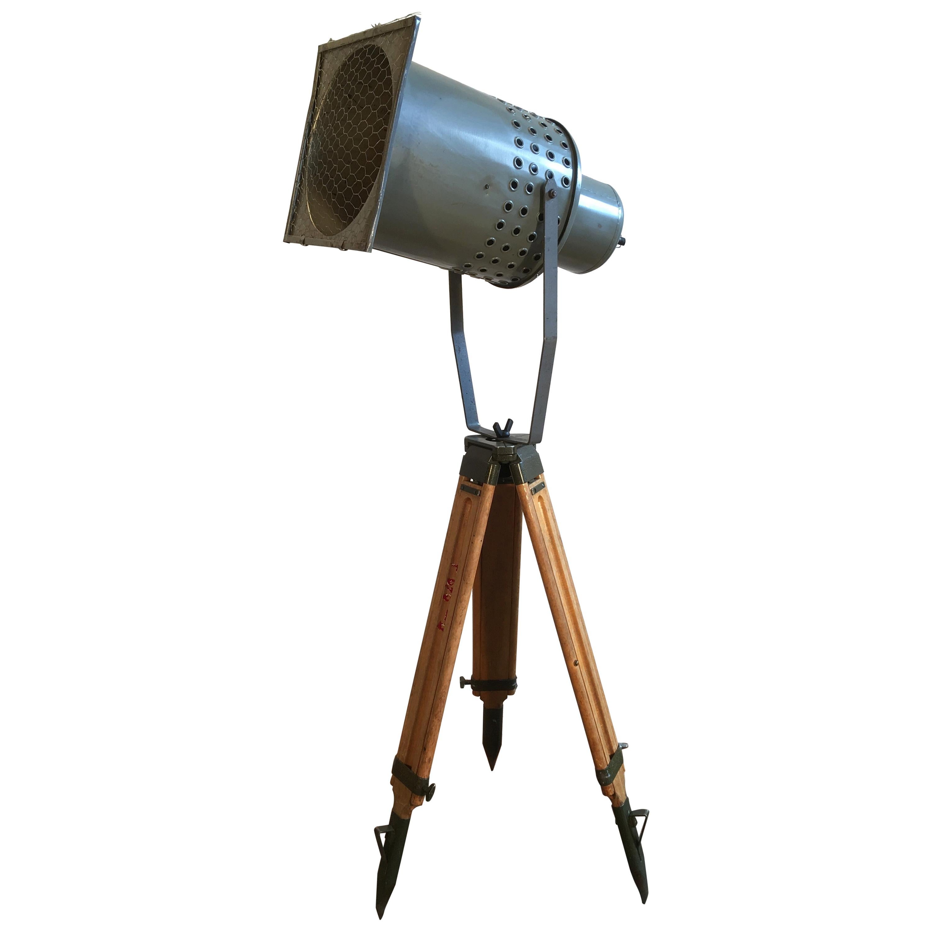Large Grey Industrial Spotlight on Wooden Tripod For Sale