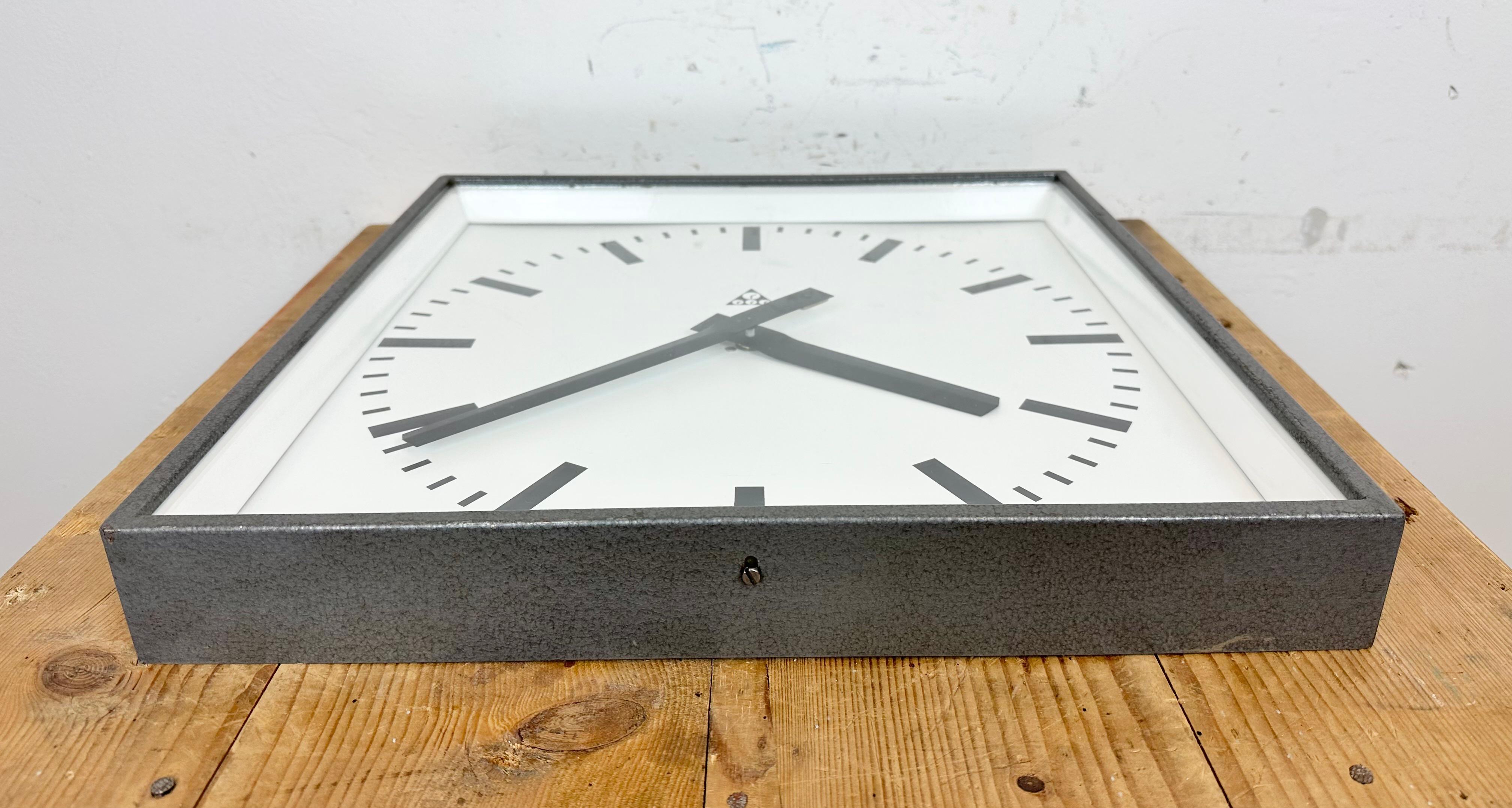 Large Grey Industrial Square Wall Clock from Pragotron, 1970s For Sale 8