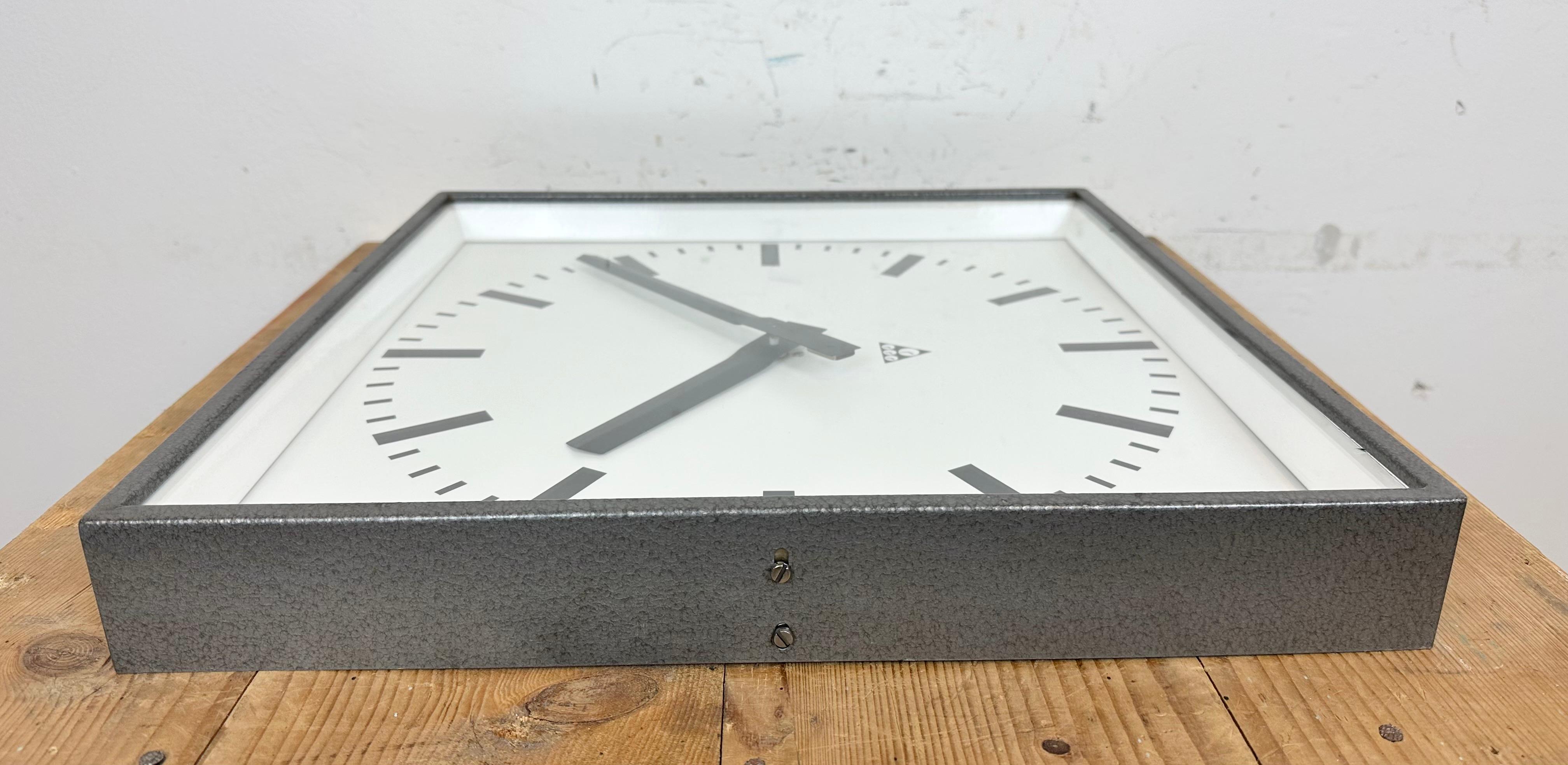 Large Grey Industrial Square Wall Clock from Pragotron, 1970s For Sale 9