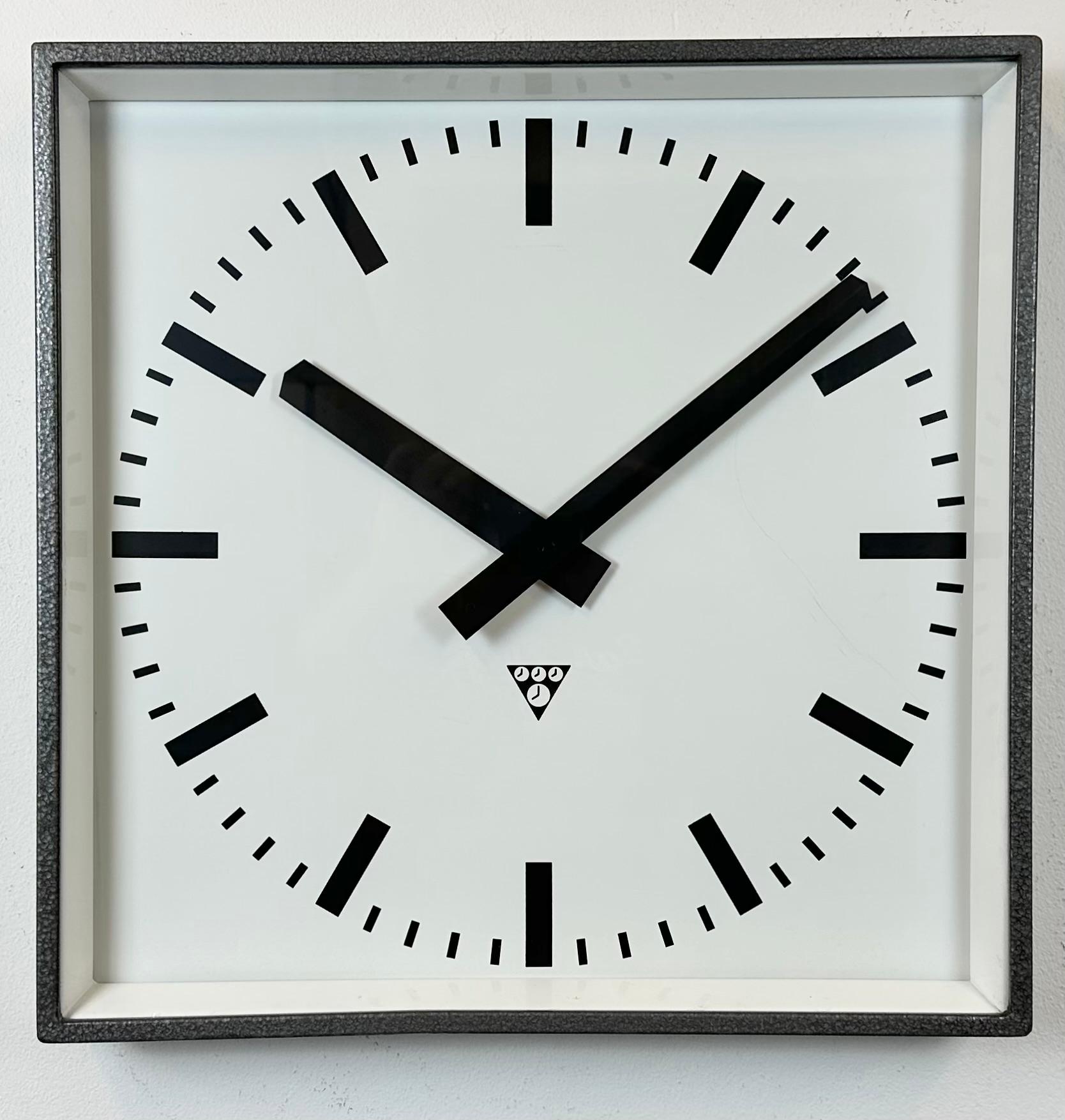 Czech Large Grey Industrial Square Wall Clock from Pragotron, 1970s For Sale