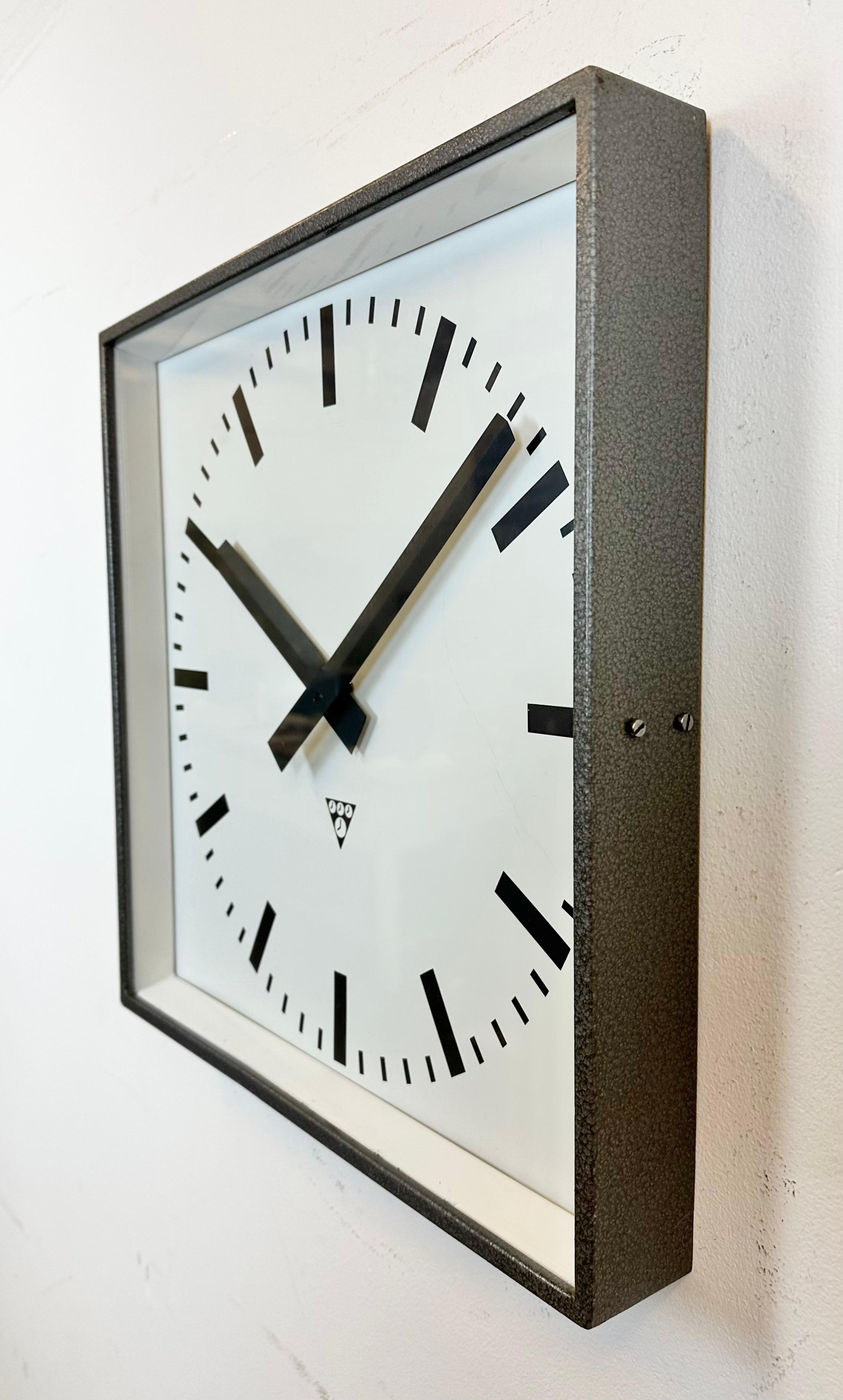 Large Grey Industrial Square Wall Clock from Pragotron, 1970s In Good Condition For Sale In Kojetice, CZ