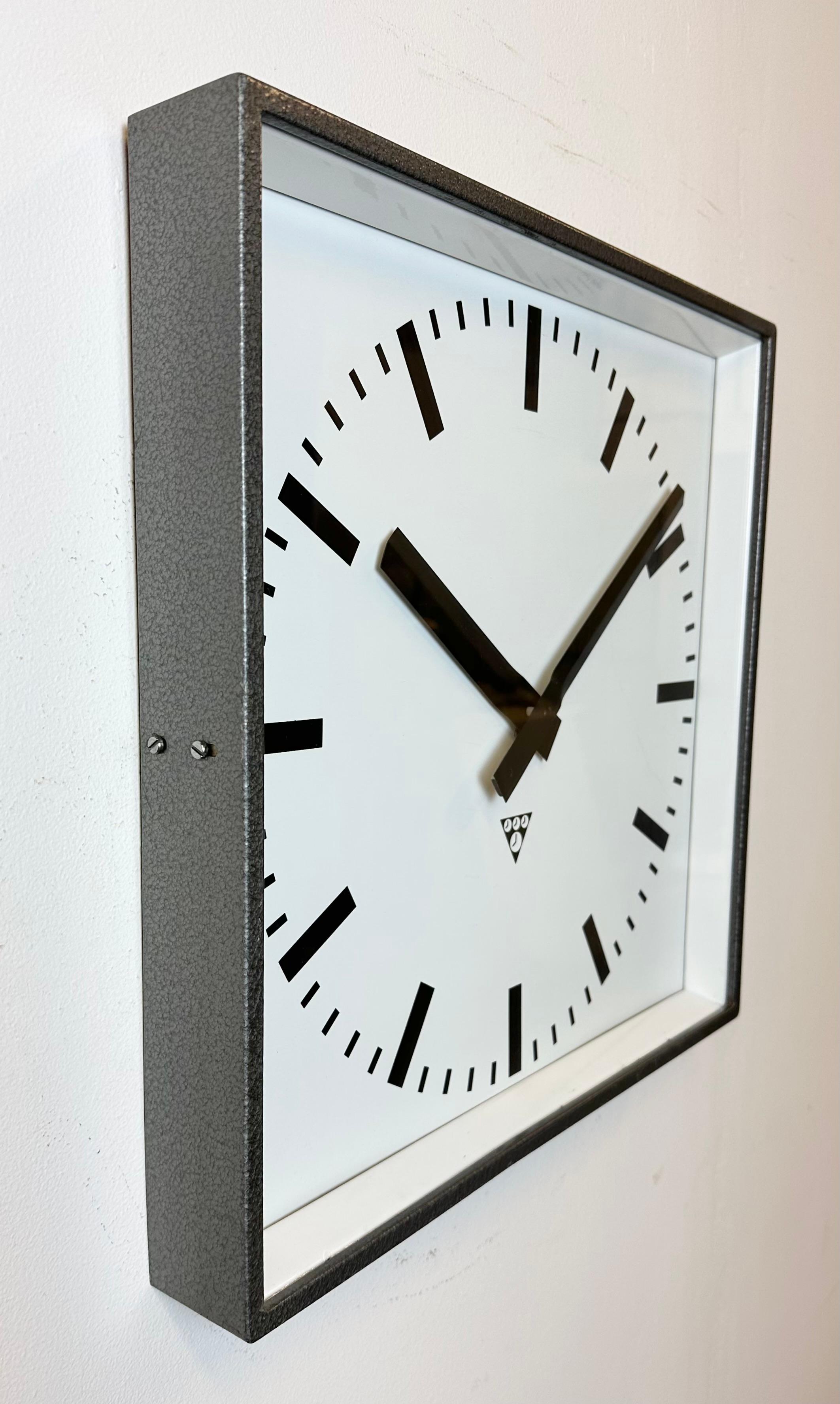 Late 20th Century Large Grey Industrial Square Wall Clock from Pragotron, 1970s For Sale