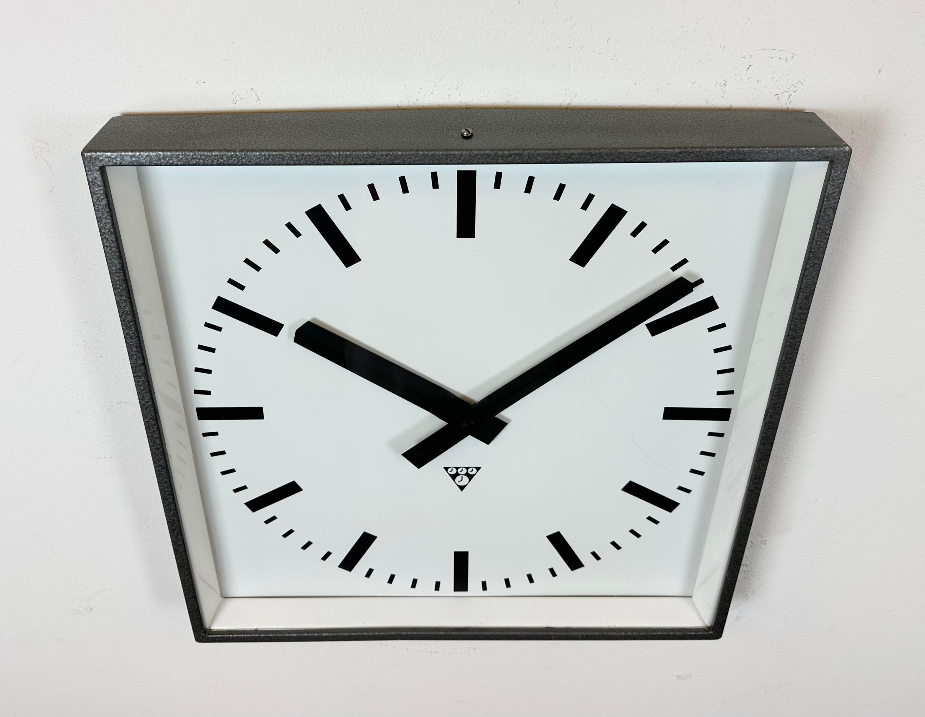 Aluminum Large Grey Industrial Square Wall Clock from Pragotron, 1970s For Sale