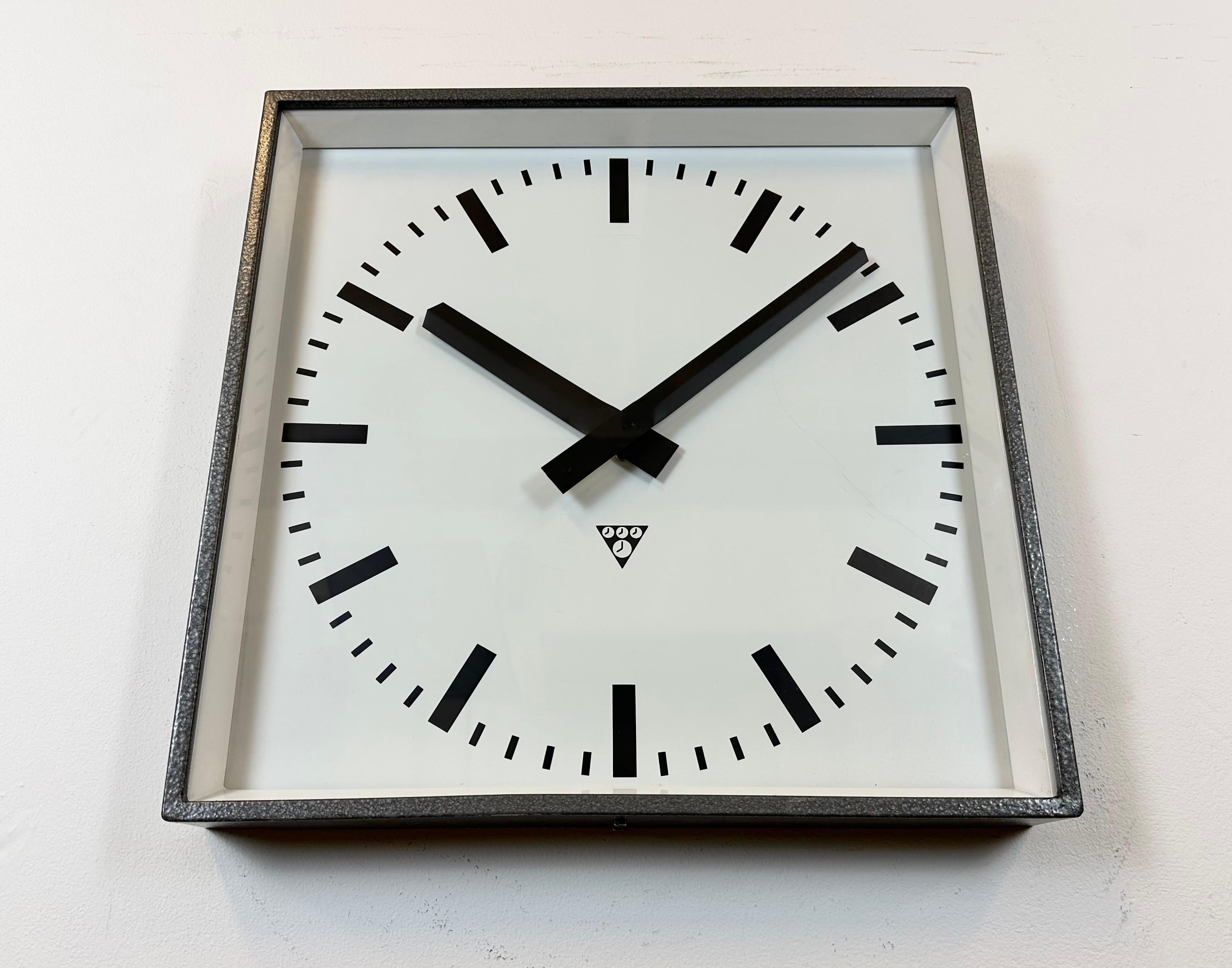 Large Grey Industrial Square Wall Clock from Pragotron, 1970s For Sale 1