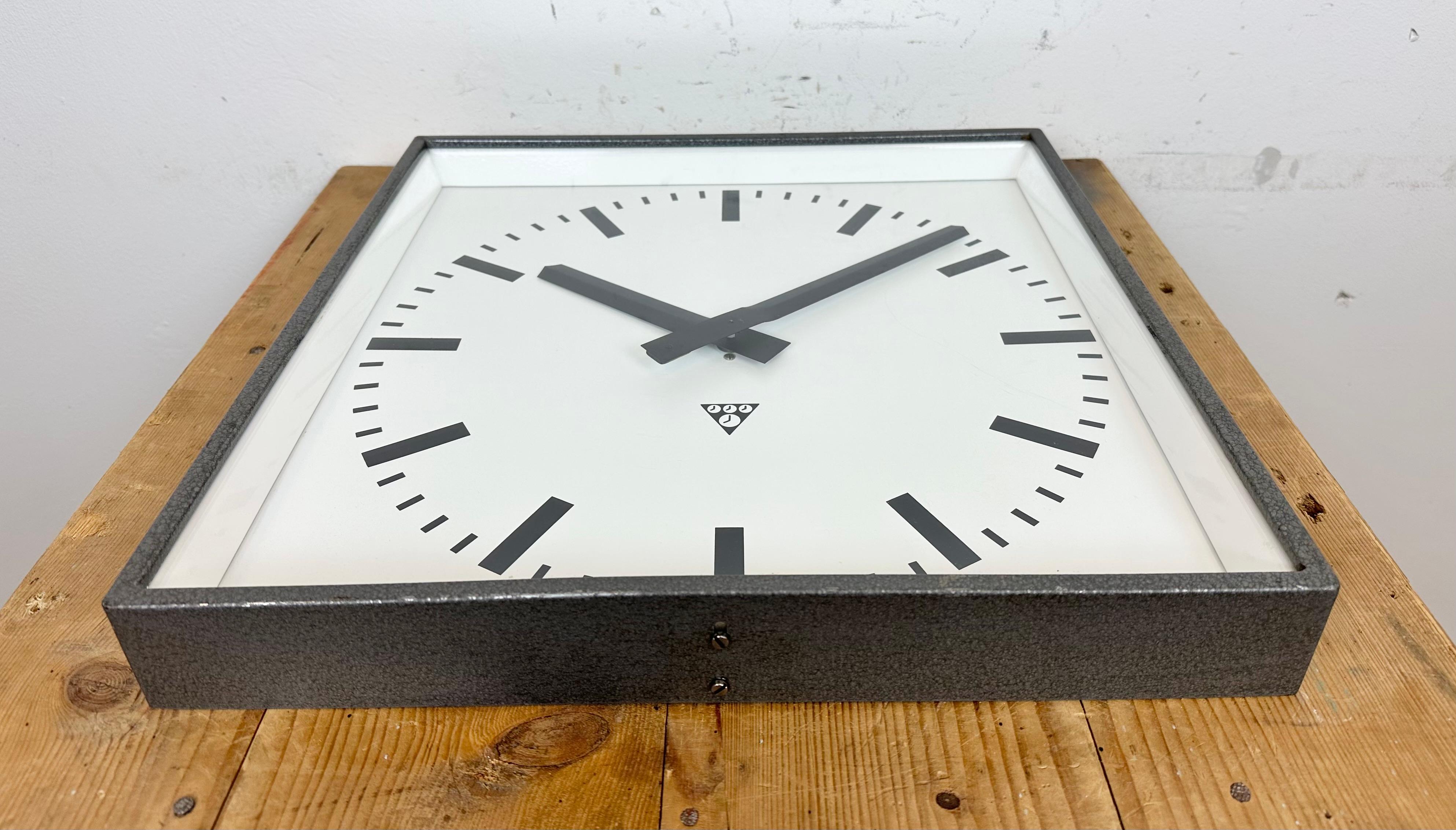 Large Grey Industrial Square Wall Clock from Pragotron, 1970s For Sale 2