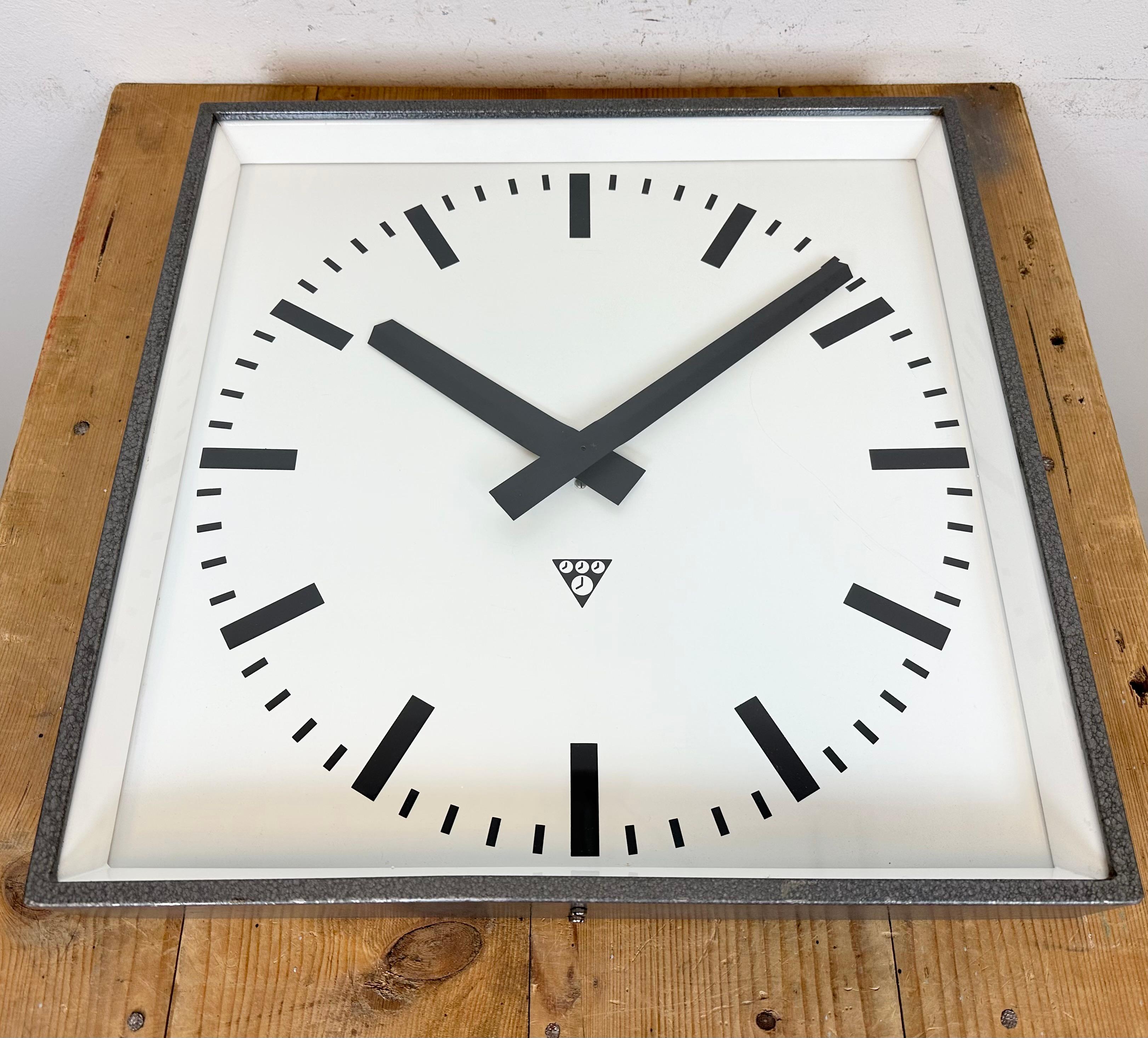 Large Grey Industrial Square Wall Clock from Pragotron, 1970s For Sale 3