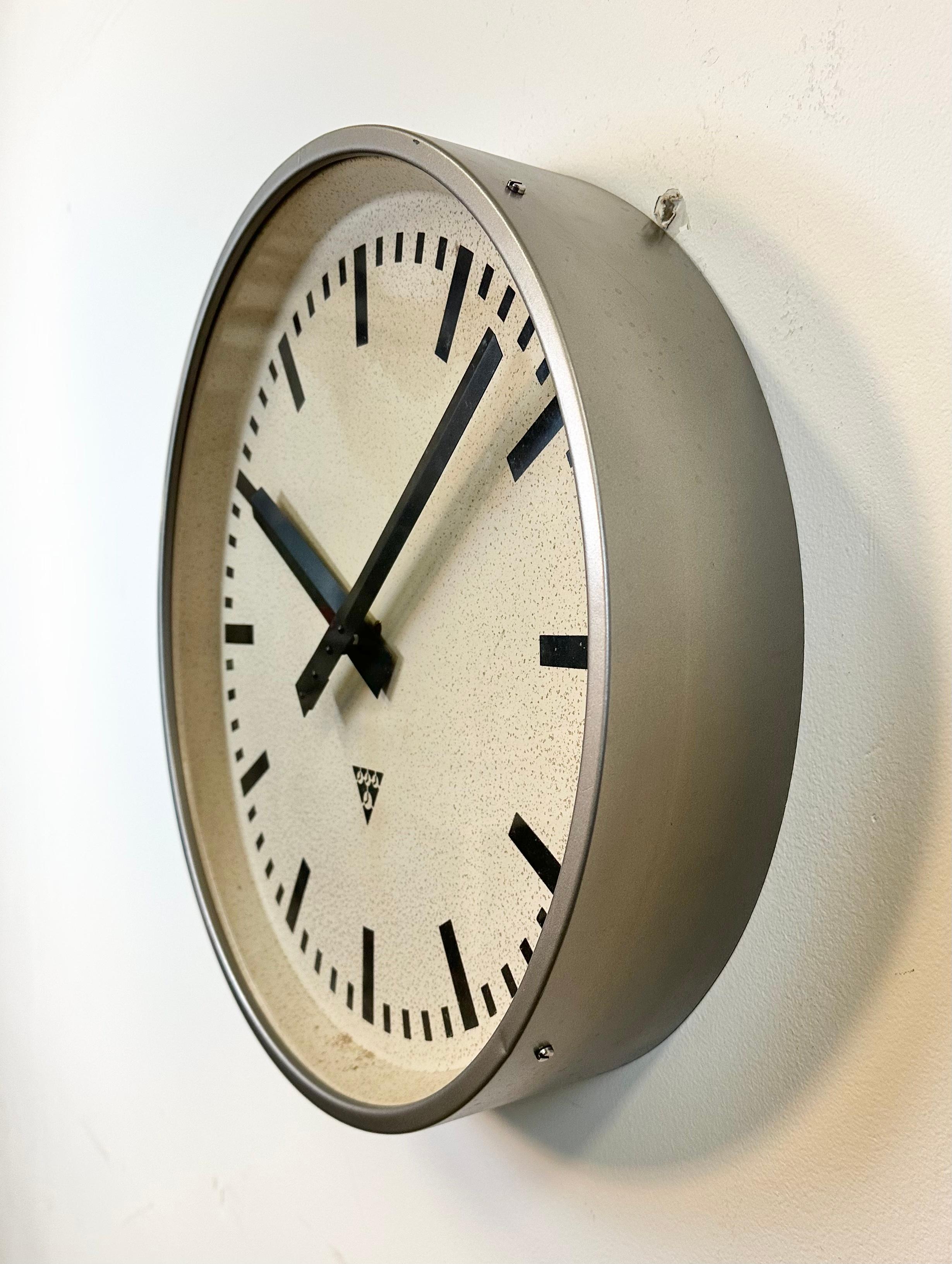 Czech Large Grey Industrial Wall Clock from Pragotron, 1960s For Sale
