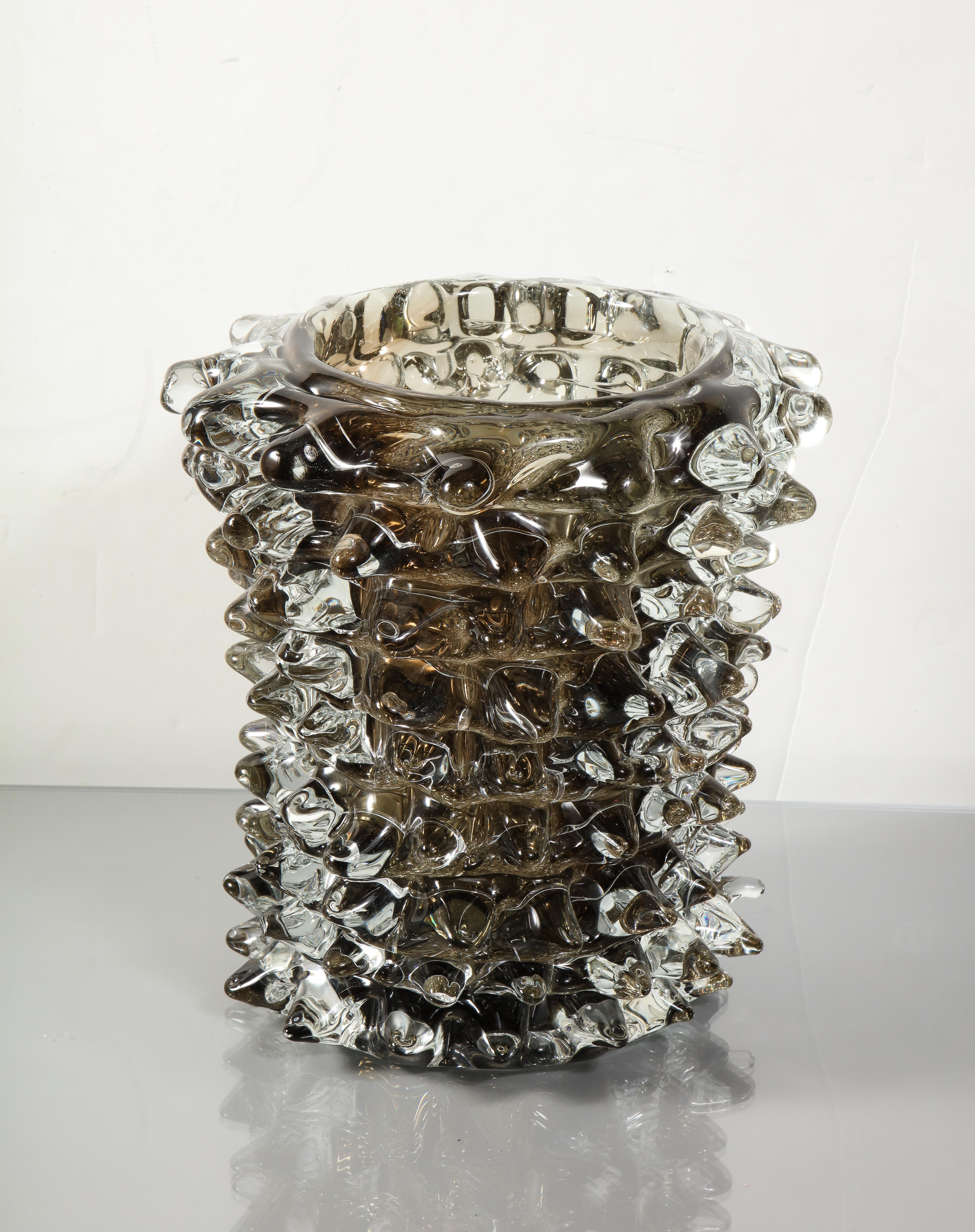 Hand-blown, mid-century style, smoke glass vase with spike design in the manner of Barovier, Italy.