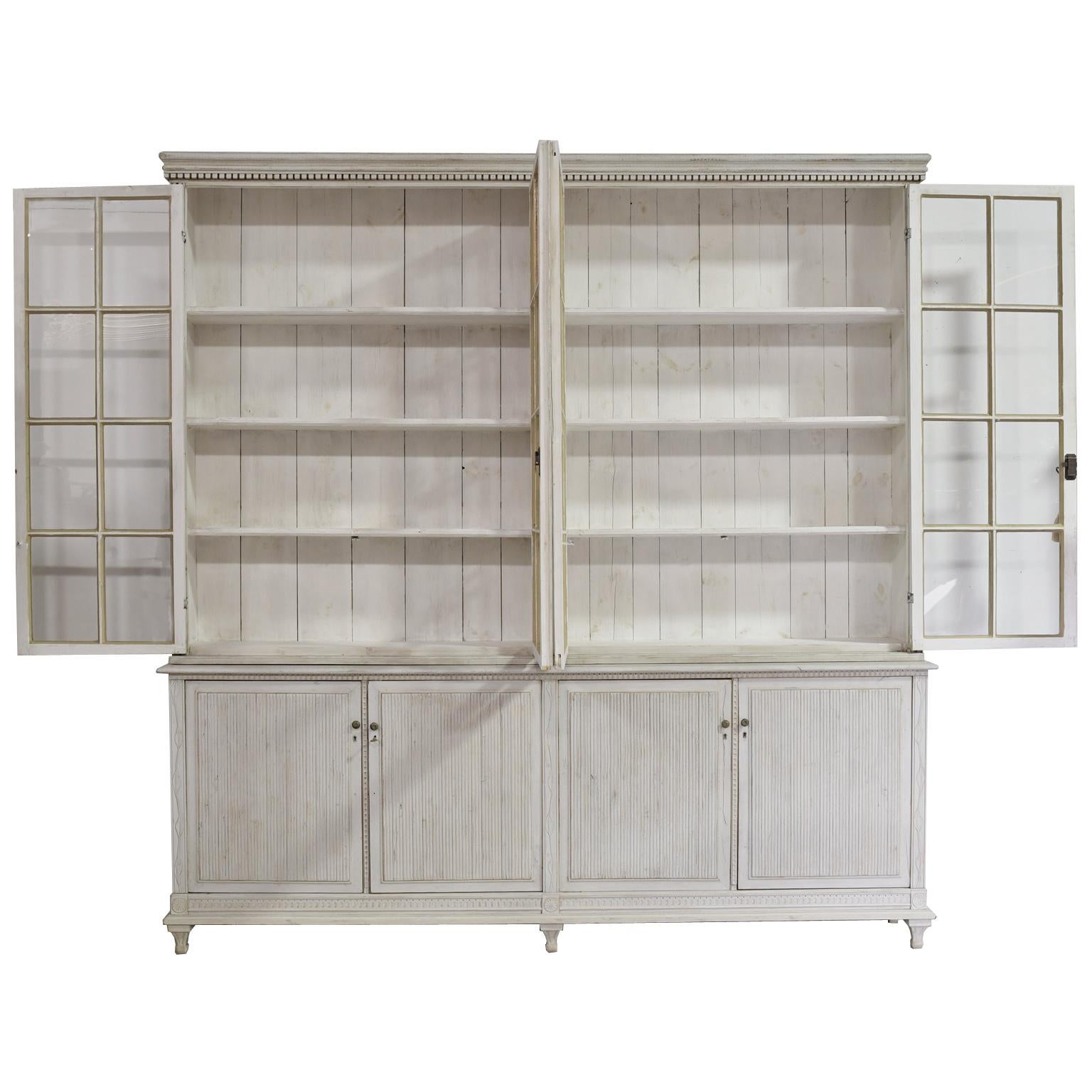 Swedish 20th Century Grey-Painted Gustavian-Style Glass-Front Bookcase Cabinet, Sweden