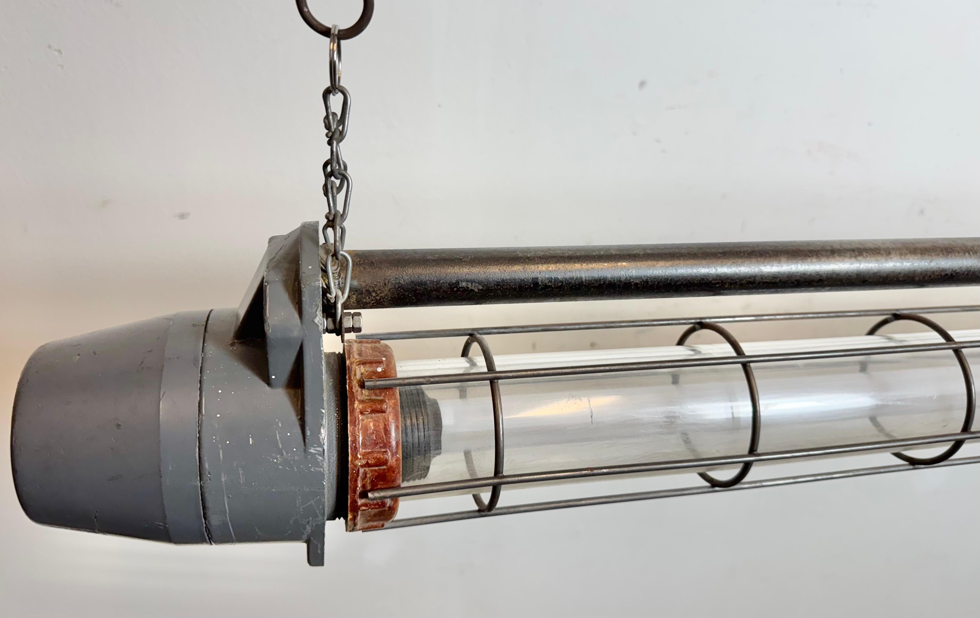 Large Grey Soviet Industrial Hanging Tube Light, 1970s For Sale 4