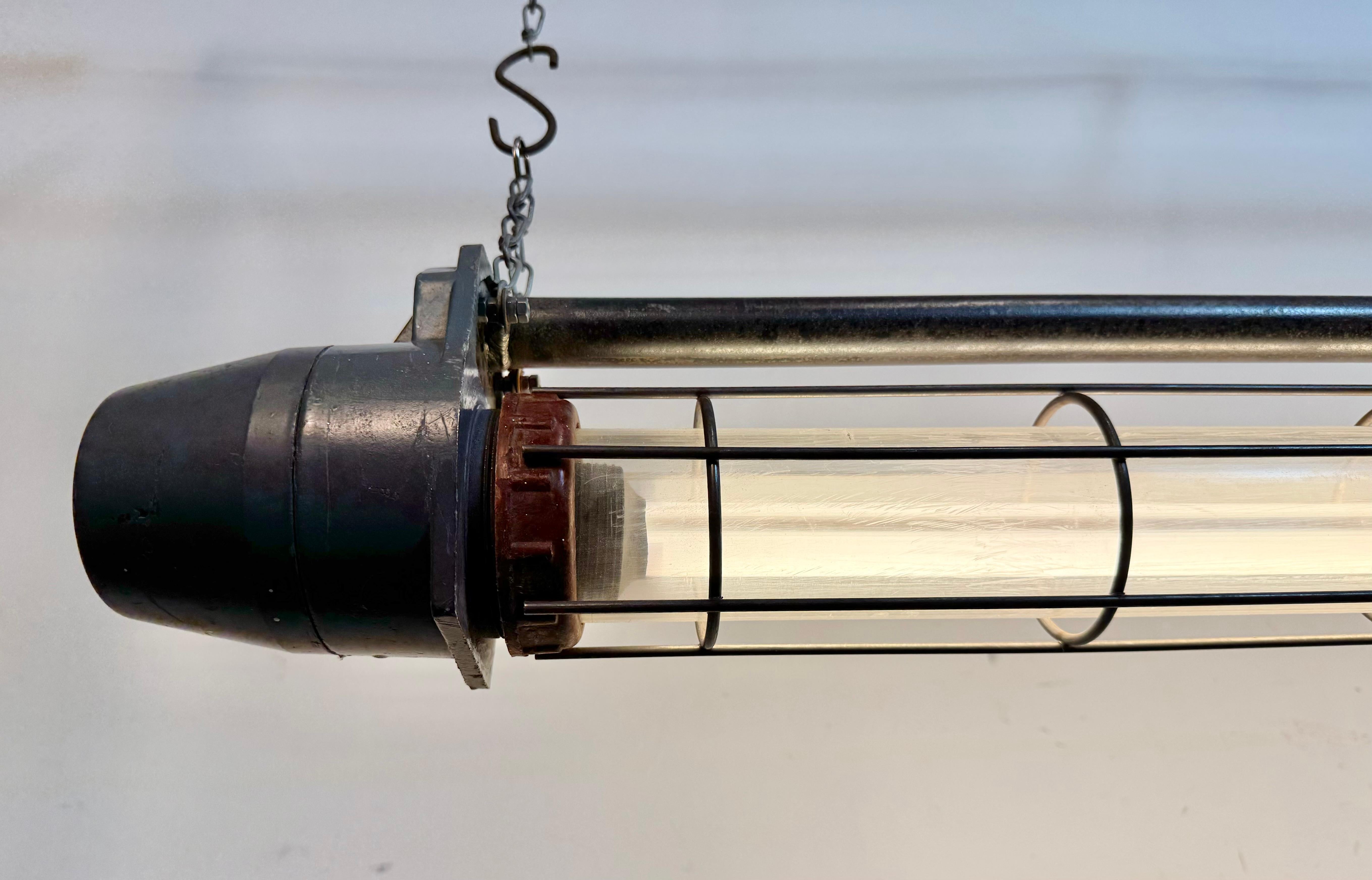 Large Grey Soviet Industrial Hanging Tube Light, 1970s For Sale 5