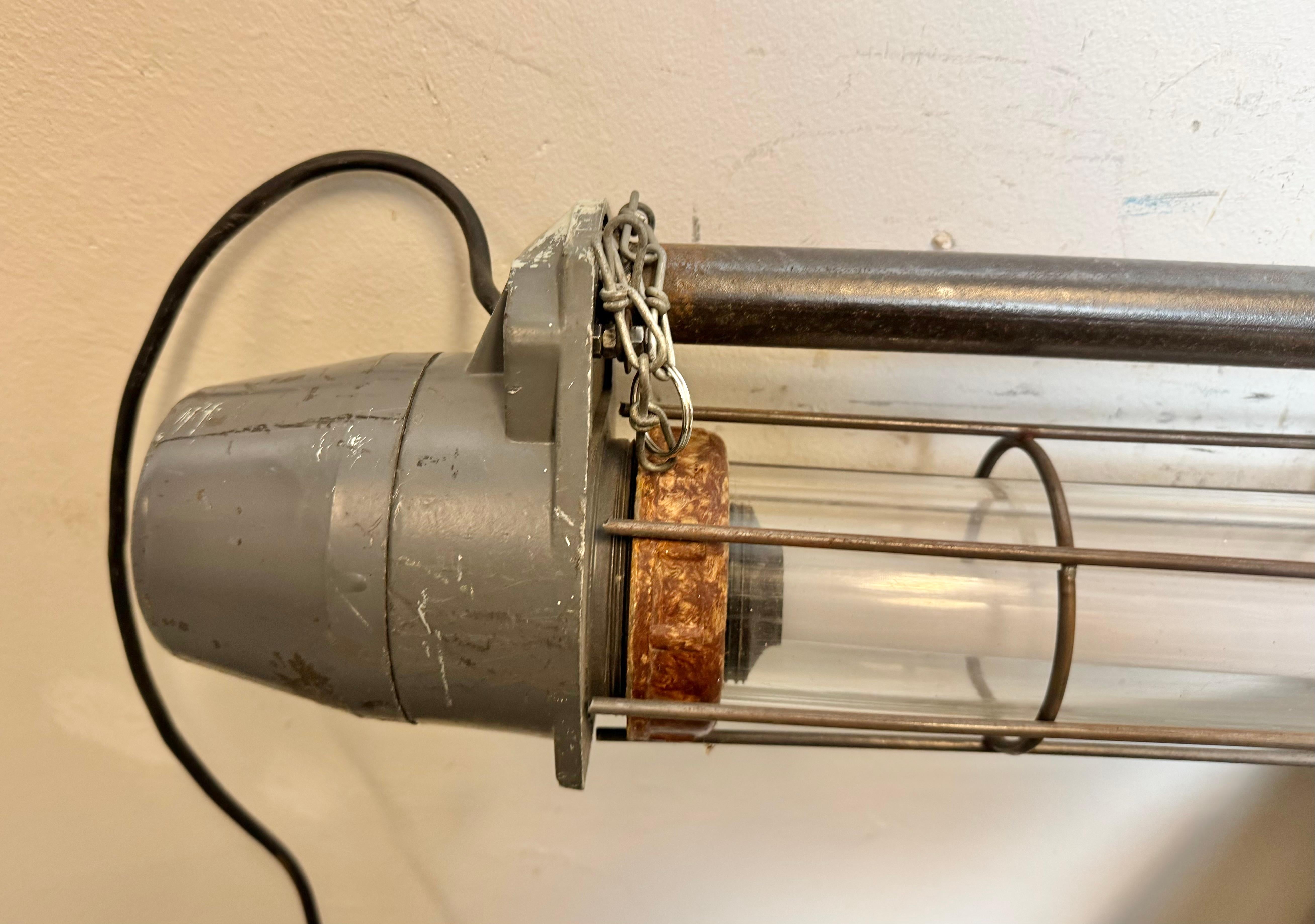 Large Grey Soviet Industrial Hanging Tube Light, 1970s For Sale 8