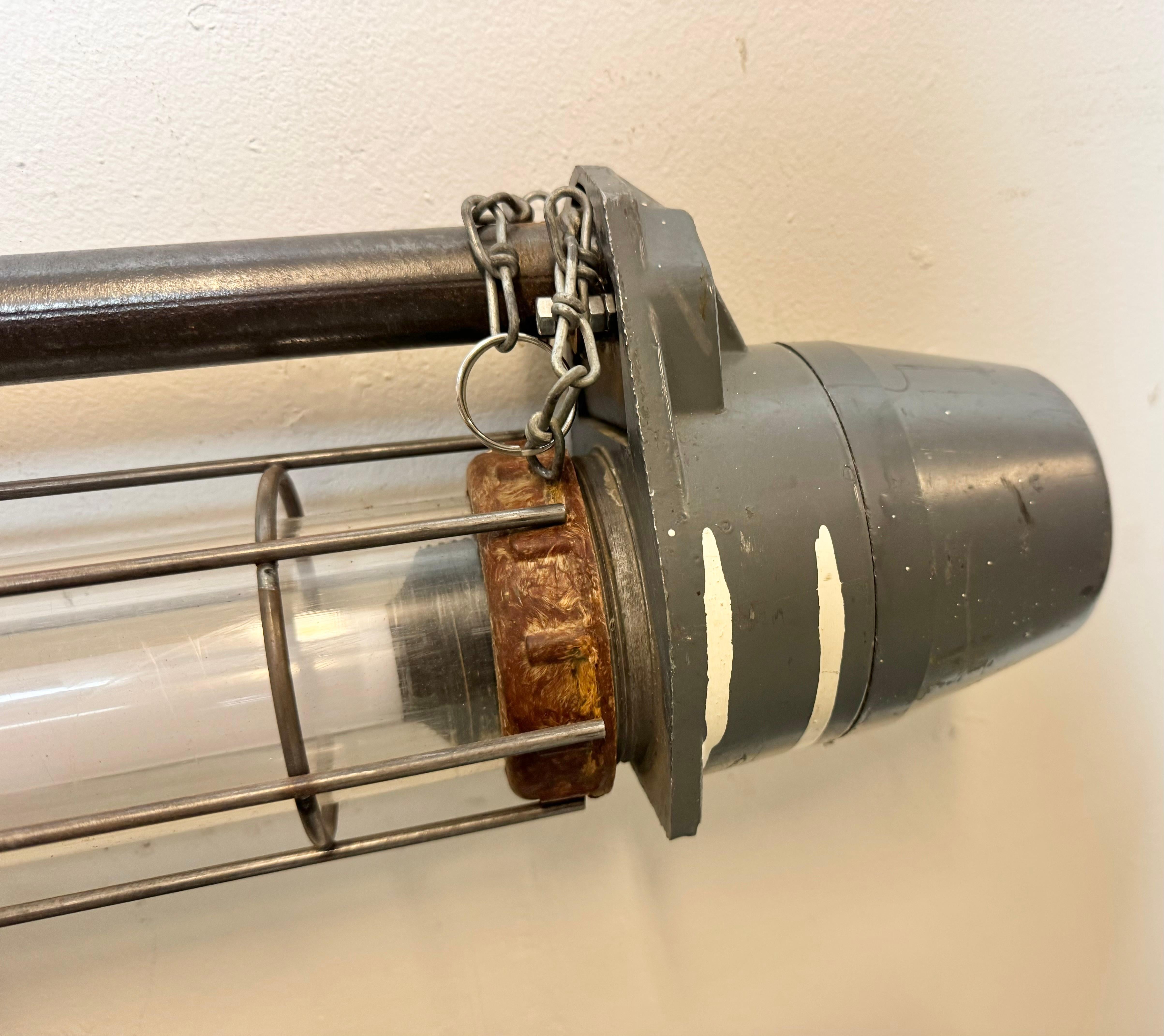 Large Grey Soviet Industrial Hanging Tube Light, 1970s For Sale 11