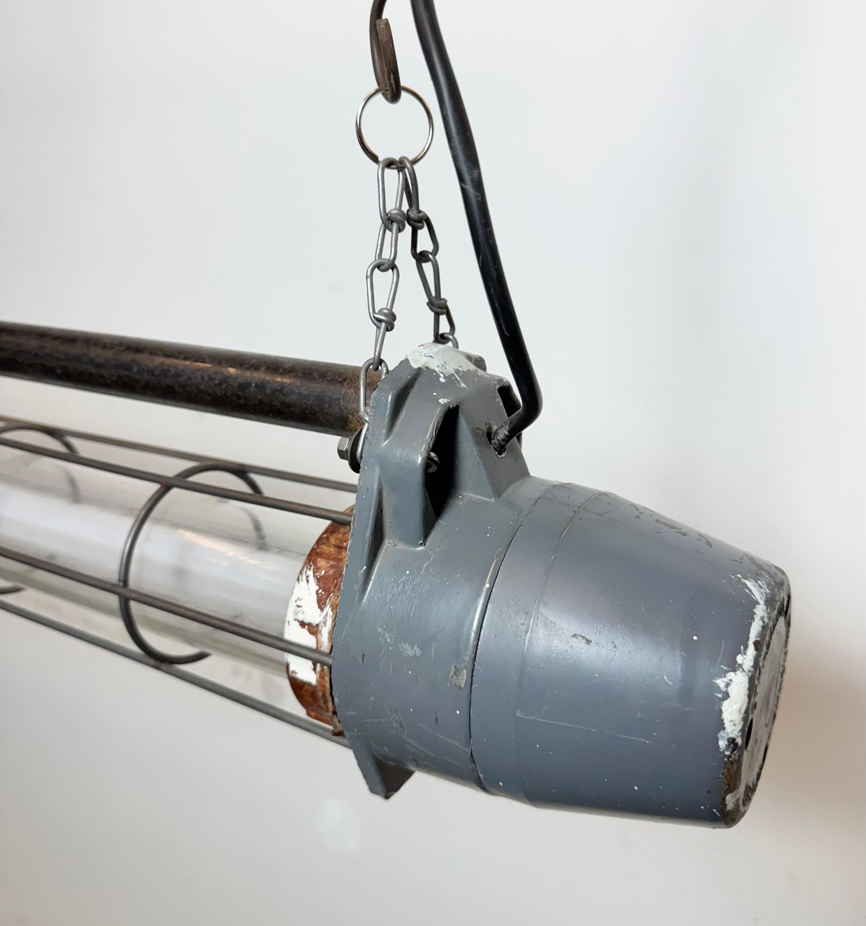 Large Grey Soviet Industrial Hanging Tube Light, 1970s In Good Condition For Sale In Kojetice, CZ