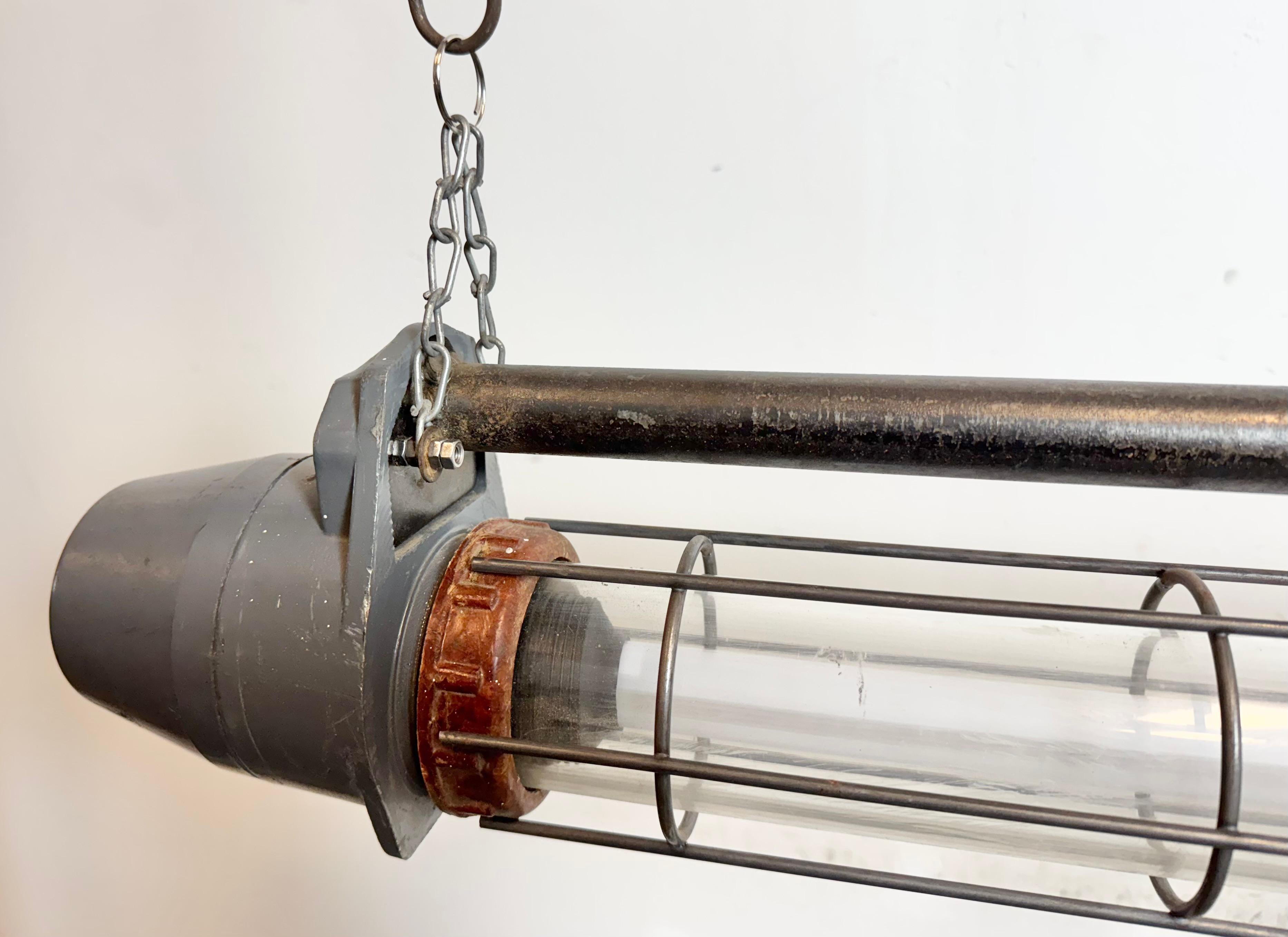 Large Grey Soviet Industrial Hanging Tube Light, 1970s For Sale 1