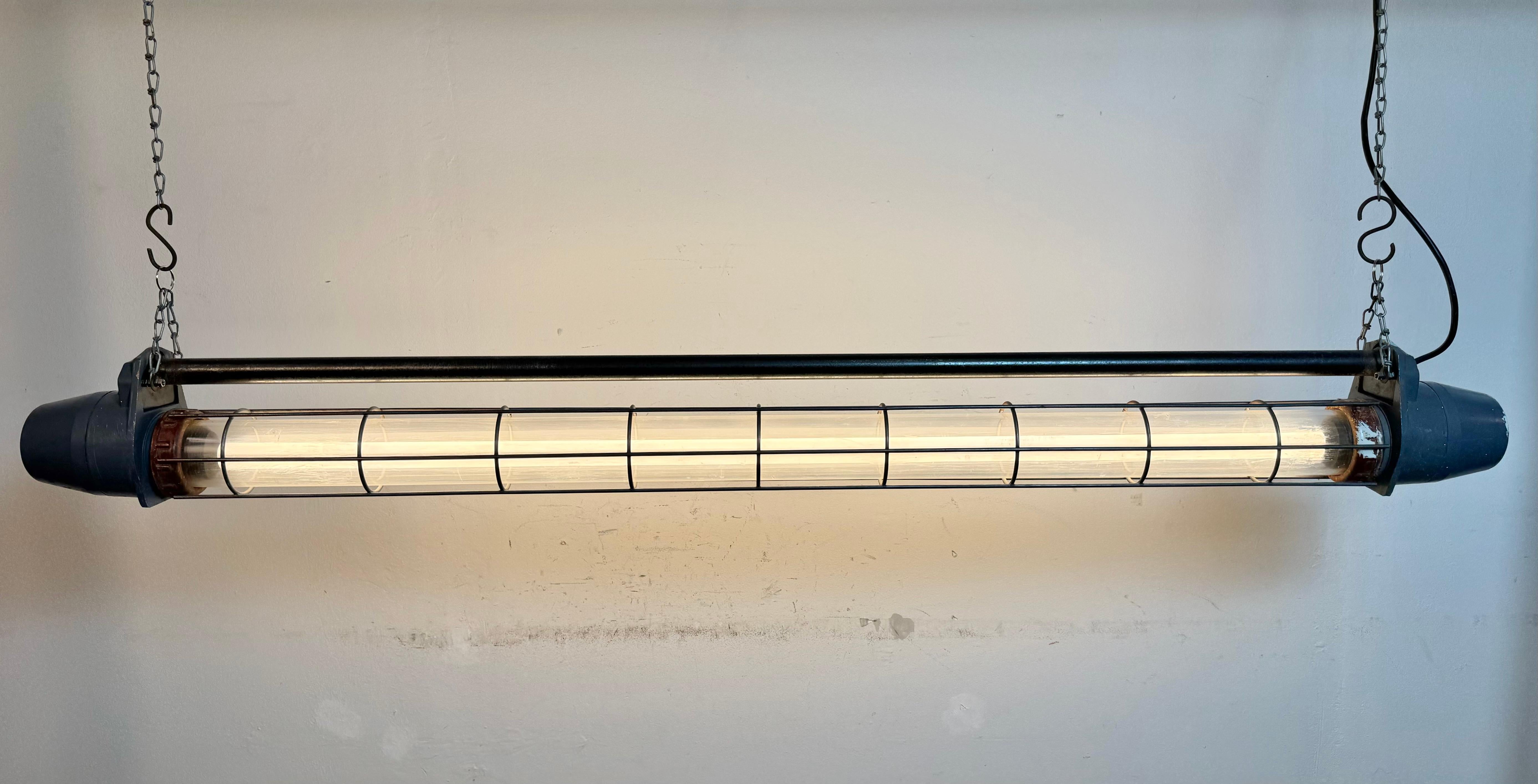 Large Grey Soviet Industrial Hanging Tube Light, 1970s For Sale 2