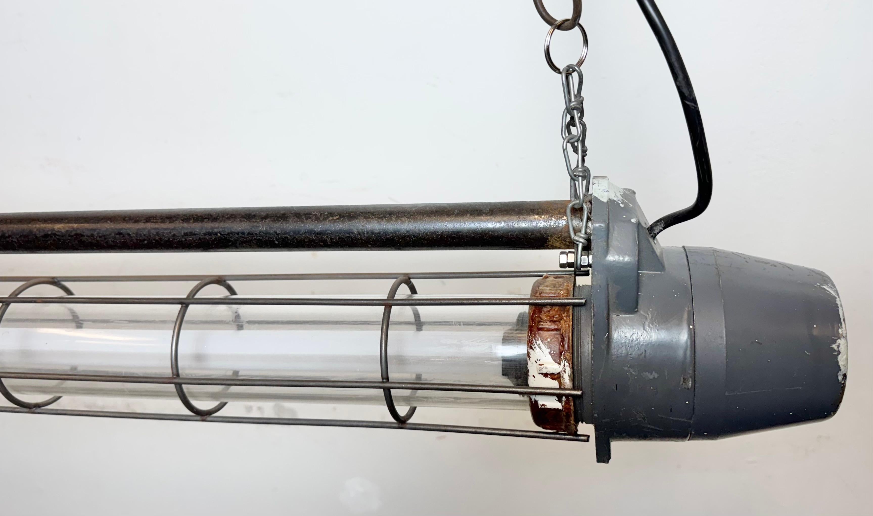 Large Grey Soviet Industrial Hanging Tube Light, 1970s For Sale 3