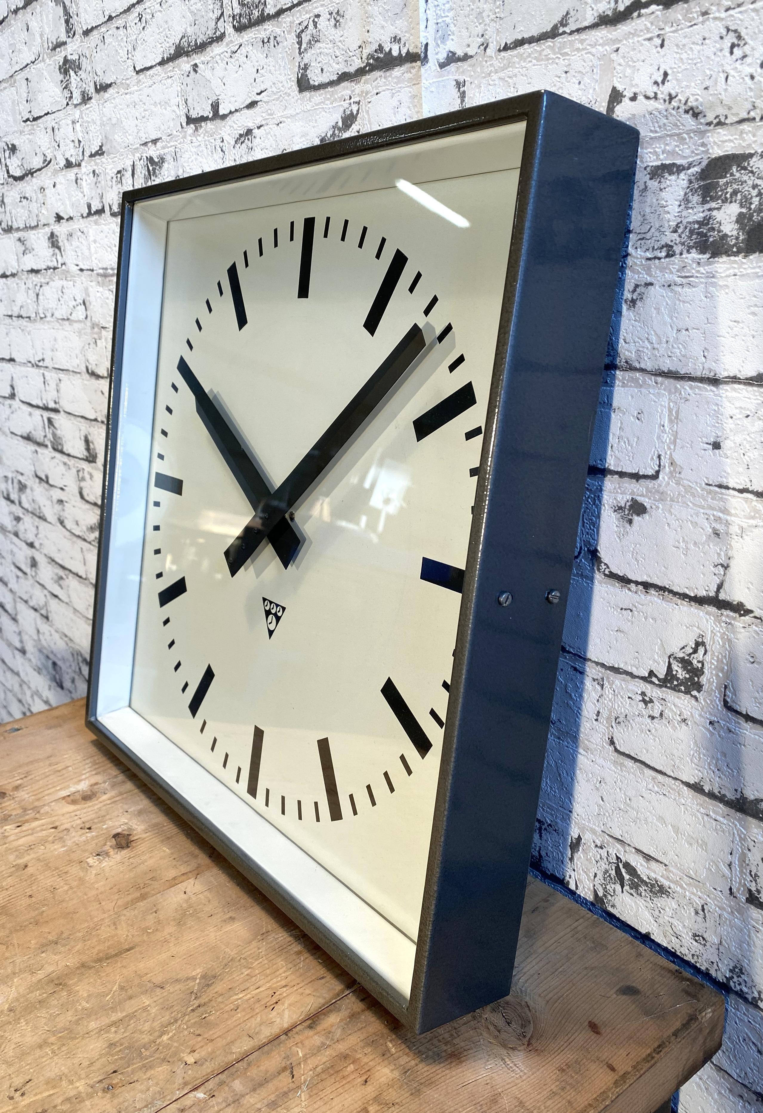 Industrial Large Grey Square Wall Clock From Pragotron, 1960s