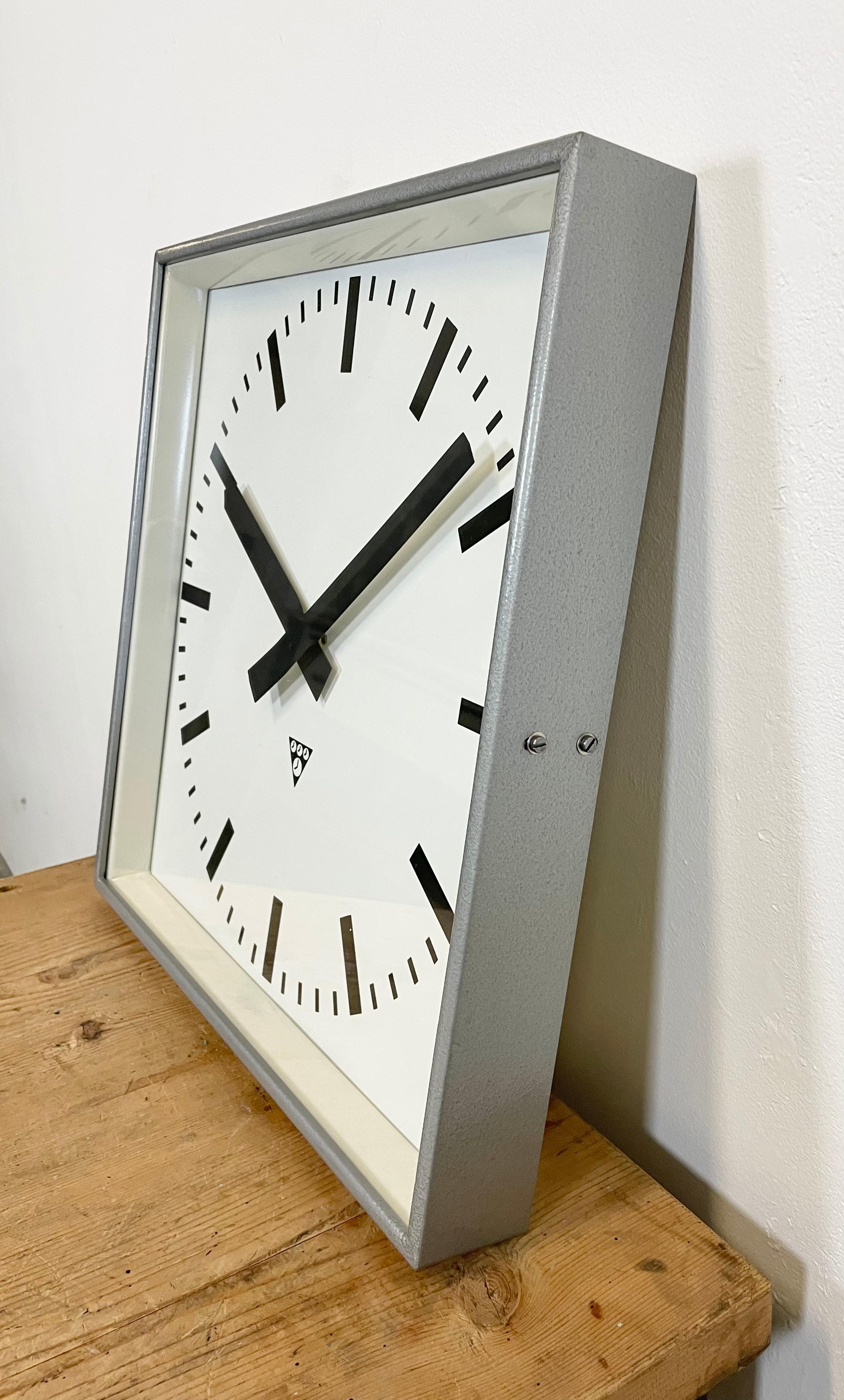Industrial Large Grey Square Wall Clock from Pragotron, 1960s