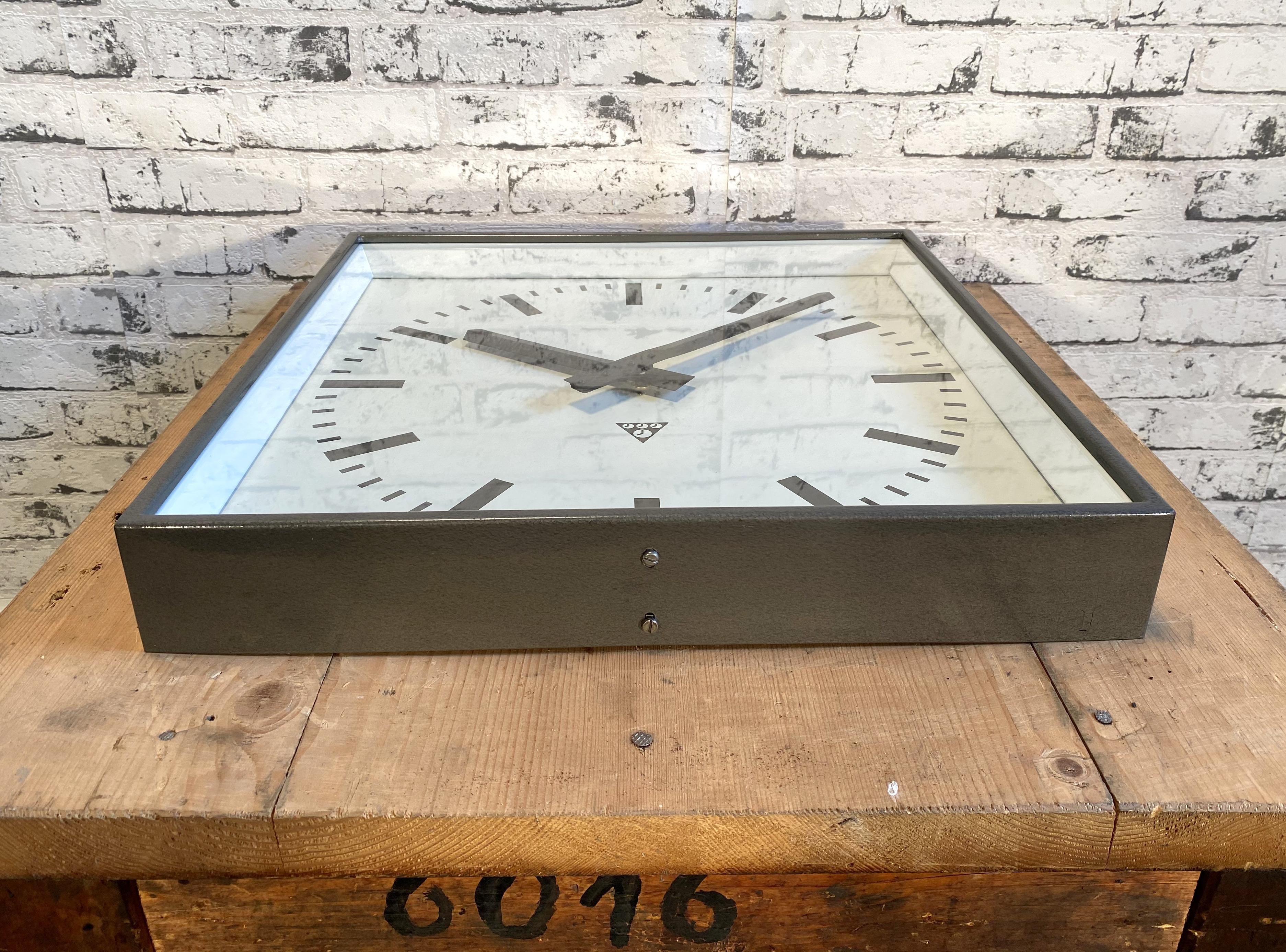 Czech Large Grey Square Wall Clock From Pragotron, 1960s