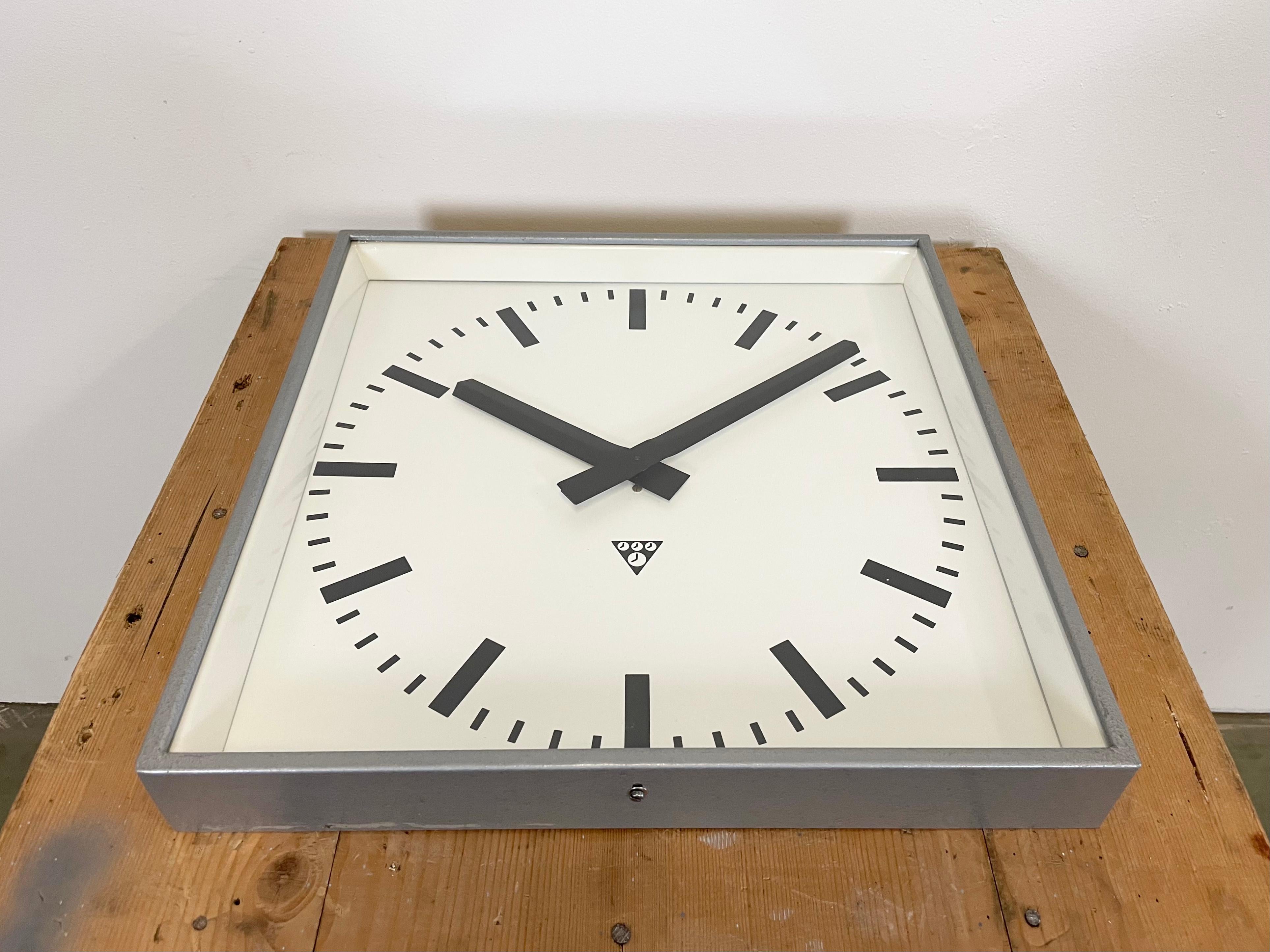 Czech Large Grey Square Wall Clock from Pragotron, 1960s