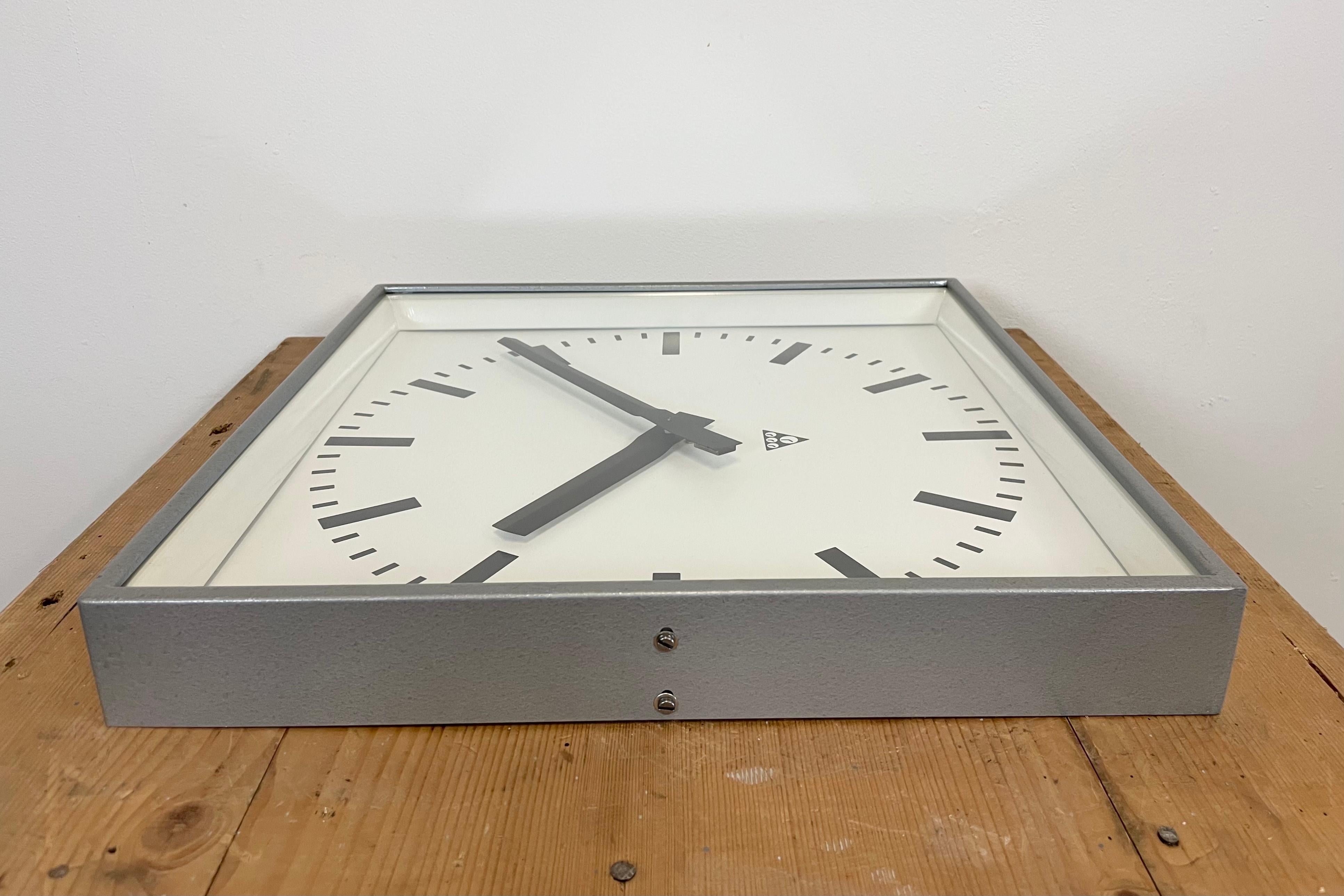 Painted Large Grey Square Wall Clock from Pragotron, 1960s