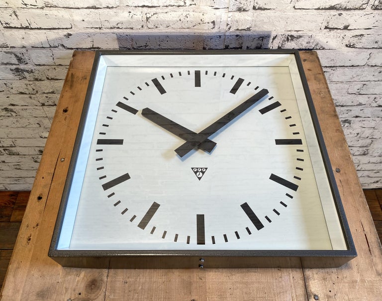 Large Grey Square Wall Clock From Pragotron, 1960s at 1stDibs