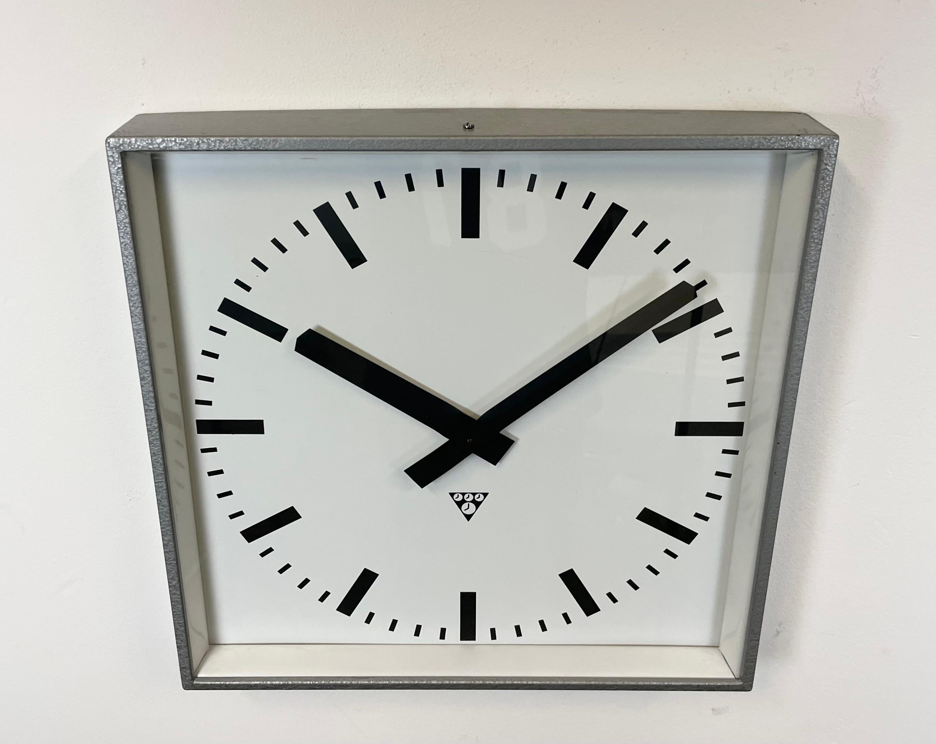 Industrial Large Grey Square Wall Clock from Pragotron, 1970s For Sale