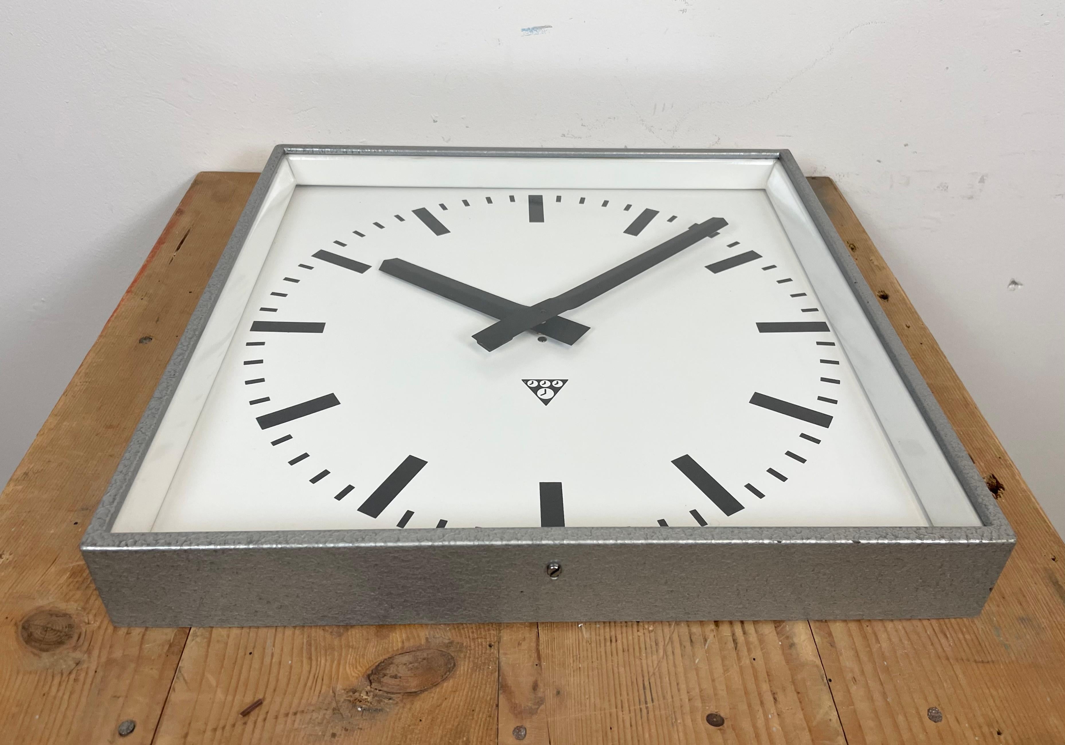 Czech Large Grey Square Wall Clock from Pragotron, 1970s For Sale