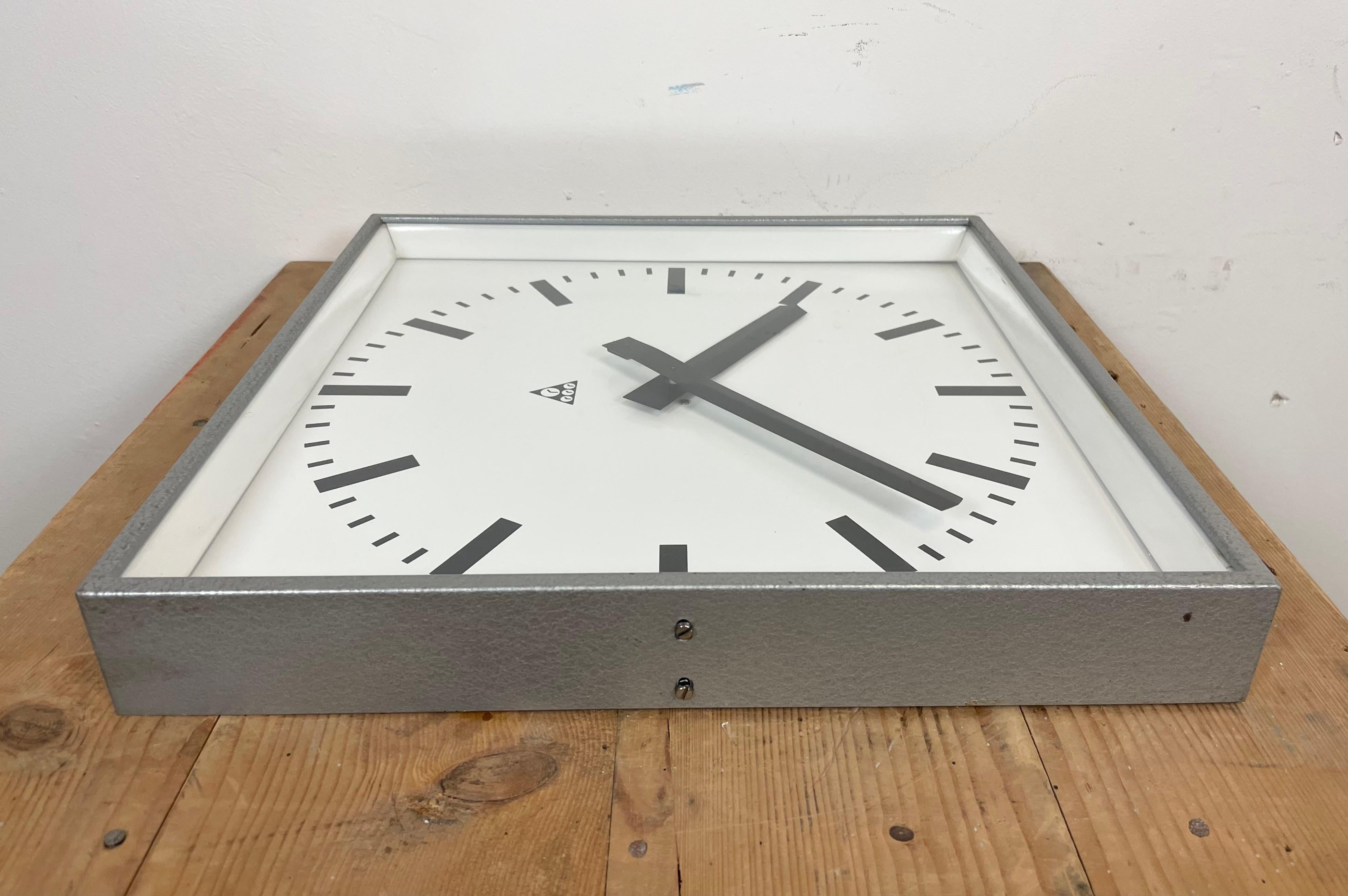 Late 20th Century Large Grey Square Wall Clock from Pragotron, 1970s For Sale