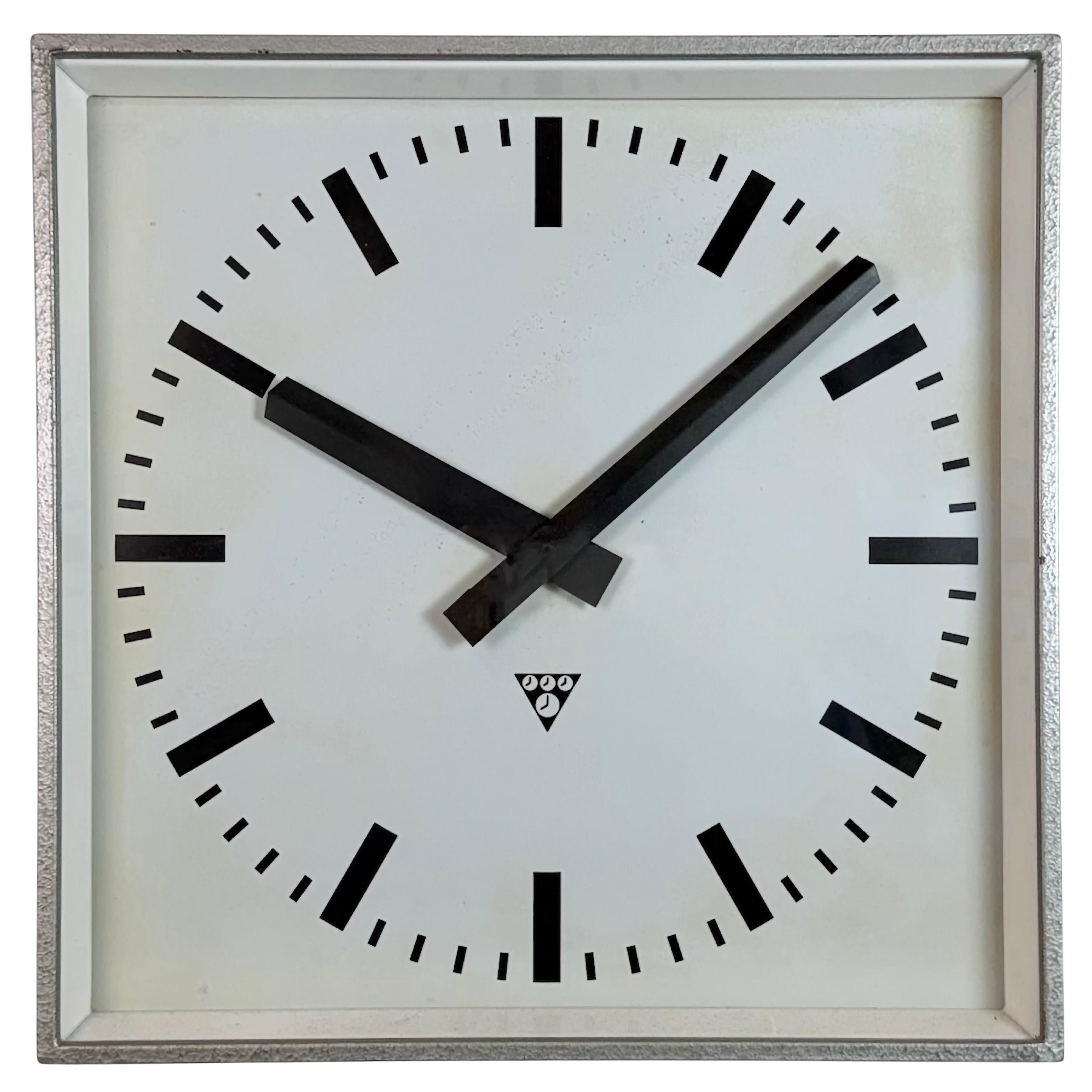 Large Grey Square Wall Clock from Pragotron, 1970s For Sale